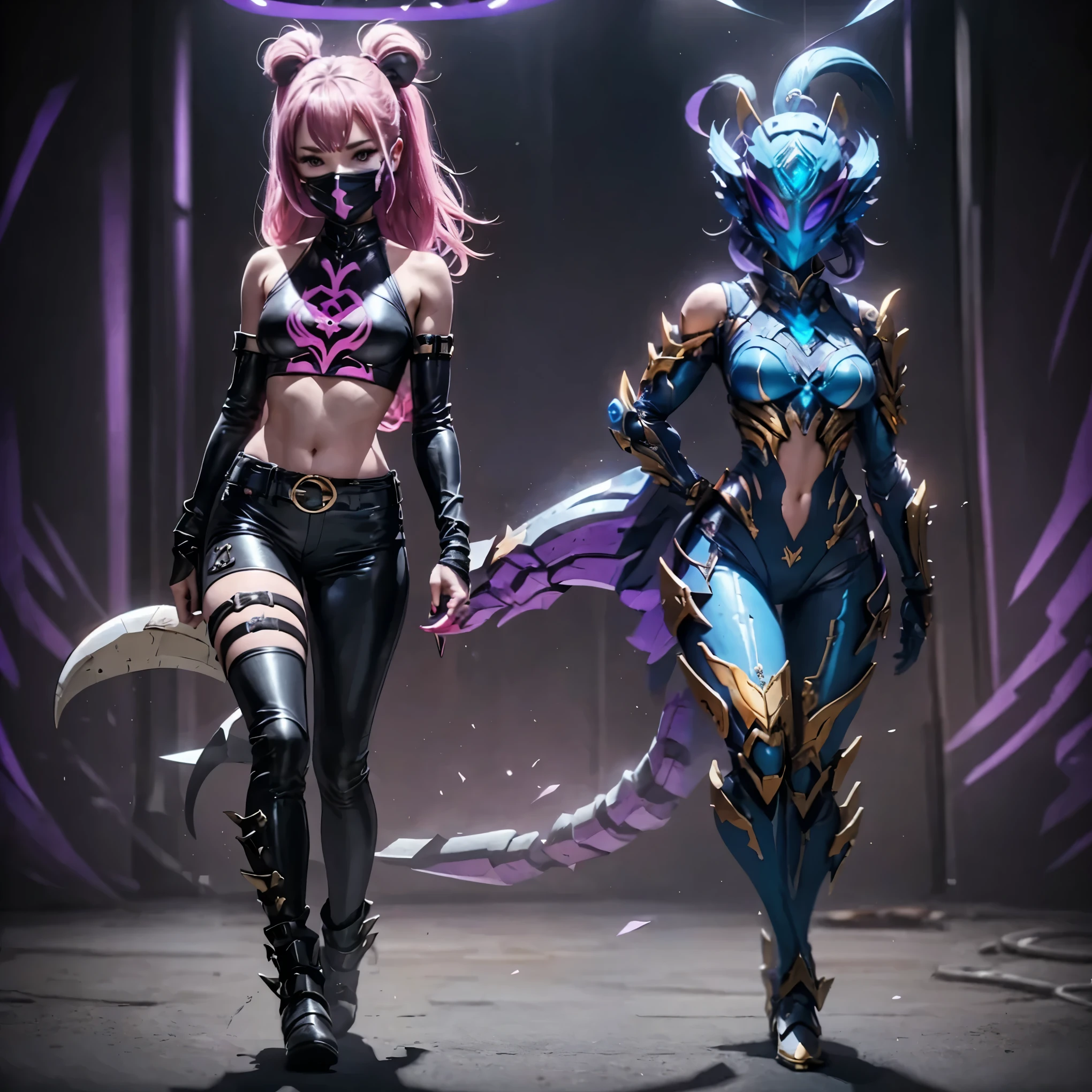 Girl with a tail. Fashion in rock style. It's a belly button. Gray hair. Large belts. Silver buckle. Black tail. Black long boots. active pose. Purple light background. Smog.