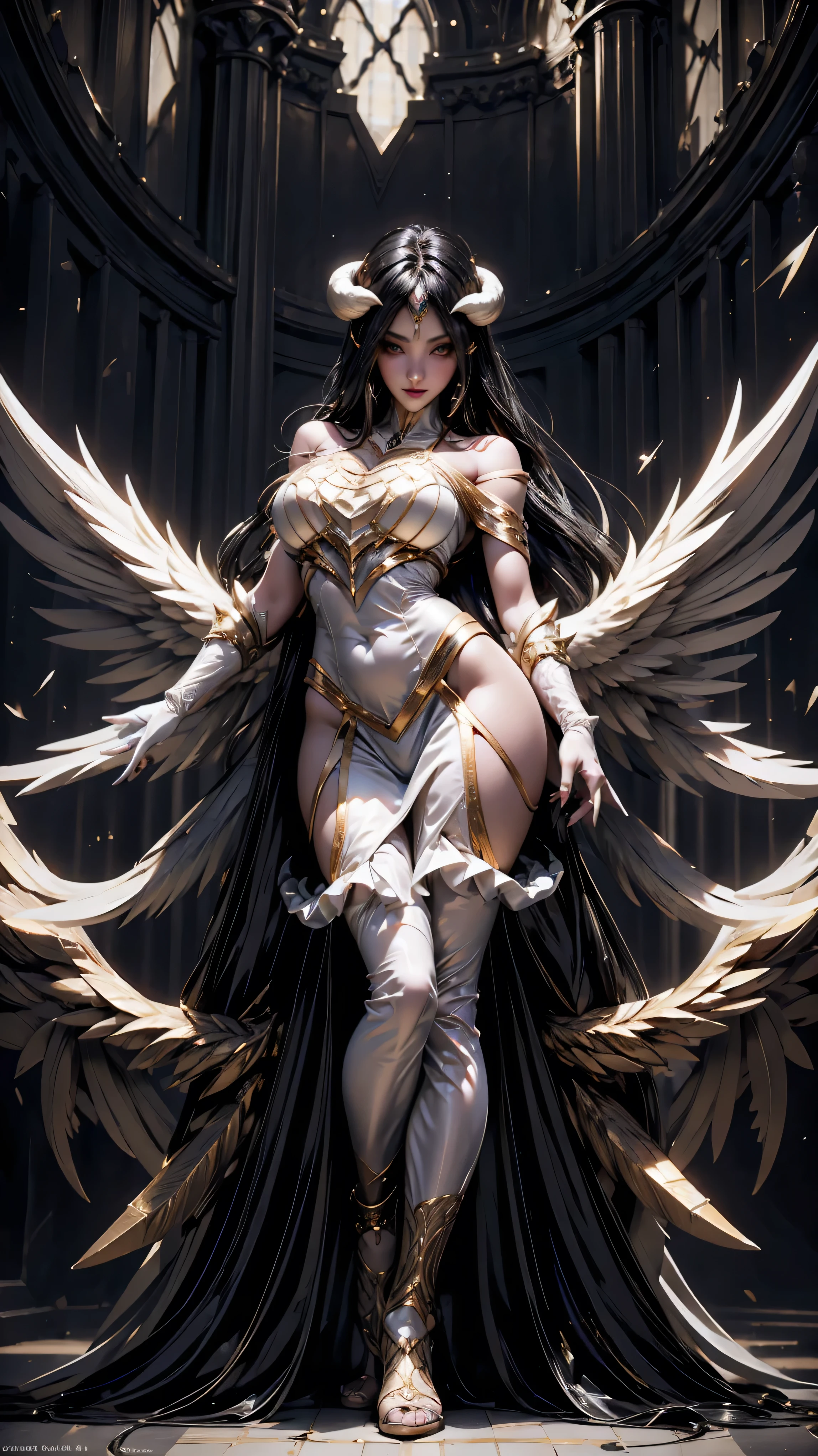 A high resolution & sharpness, Sharp focus, Pixiv masterpiece, ((Intricate details)), Highly detailed, milf, Black wings, Gold-white dress, White horns, Albedo_Overlord(beautiful face, detailed eyes), beautiful Black hair, (Low wing,:1.1), full body, fantasy background, gold dust, gold sparks, gold particles, ((free arms(only 2 arms)), (full body),(long distance pose)