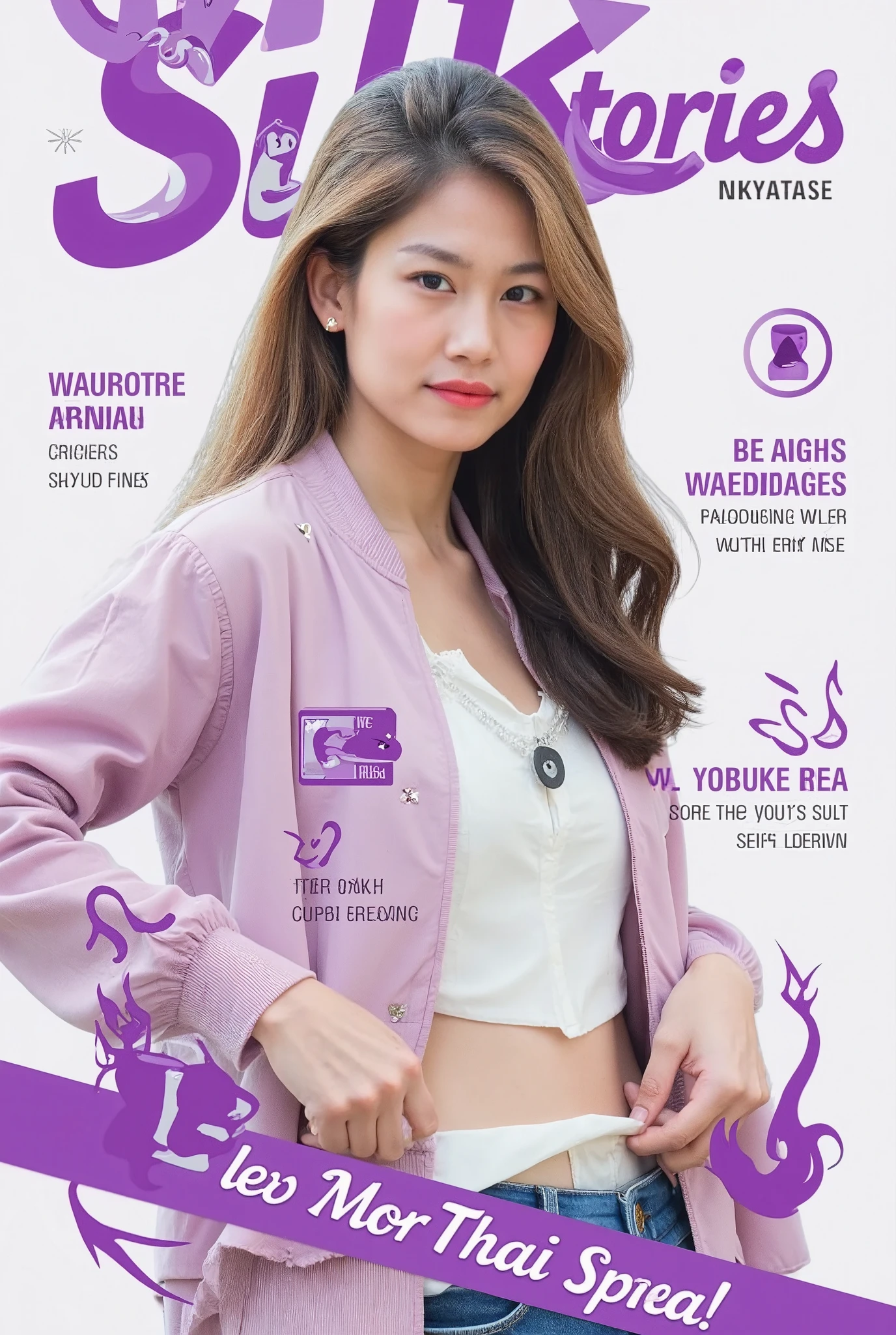 Beautiful Korean woman wearing a hijab, wearing a yellow crop top with the words "POWERMEN", right hand holding a long eggplant, at the end of the eggplant there are drops of condensed milk, left hand looking up, white begron