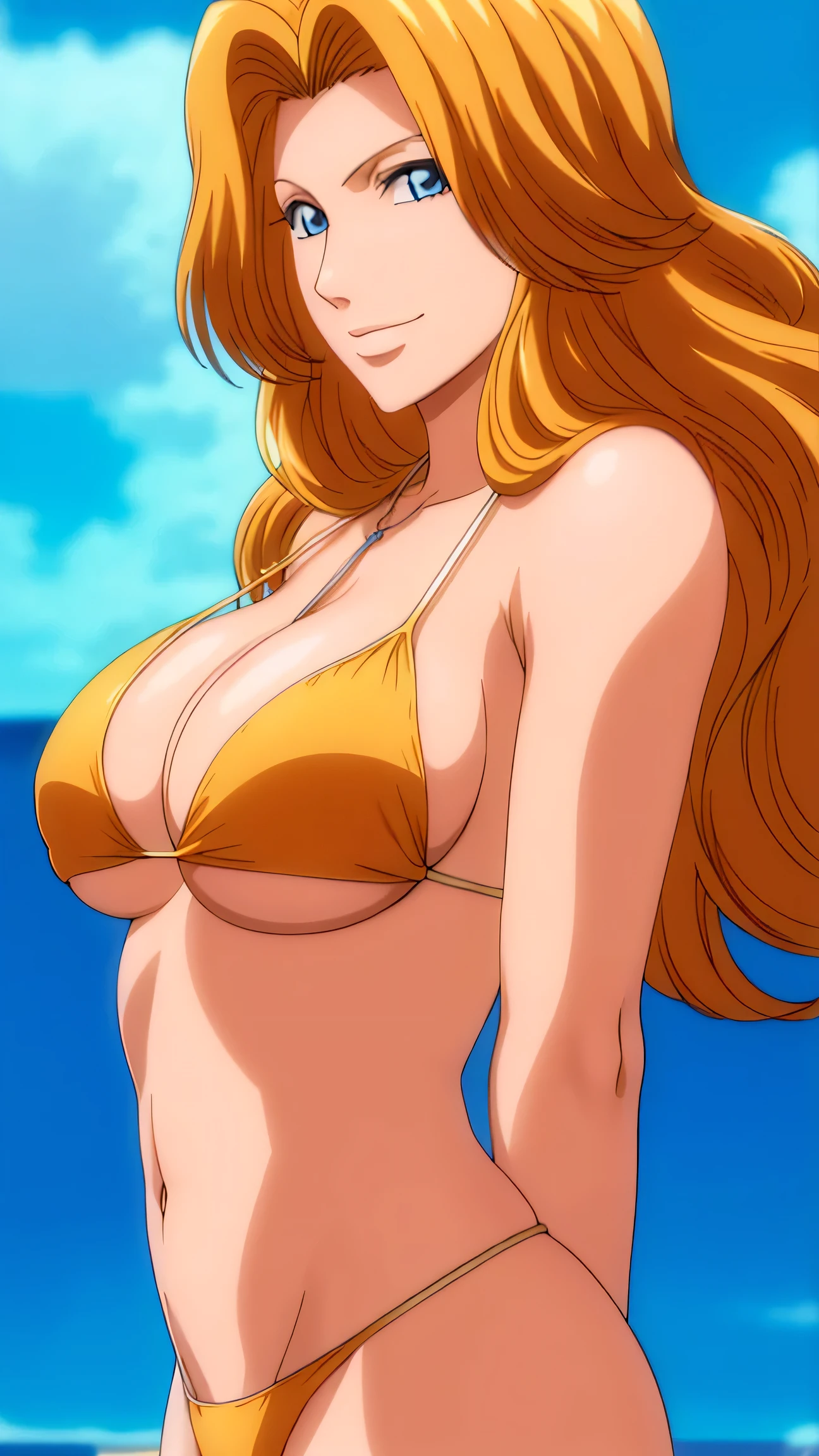 closed mouth mouth, (( huge breasts ))
blue eyes, Blonde hair,bangs,Long_hair,
, smile ,large breasts blue neon eyes ,,,,,,,,,  ( ((Wearing a orange bikini)))