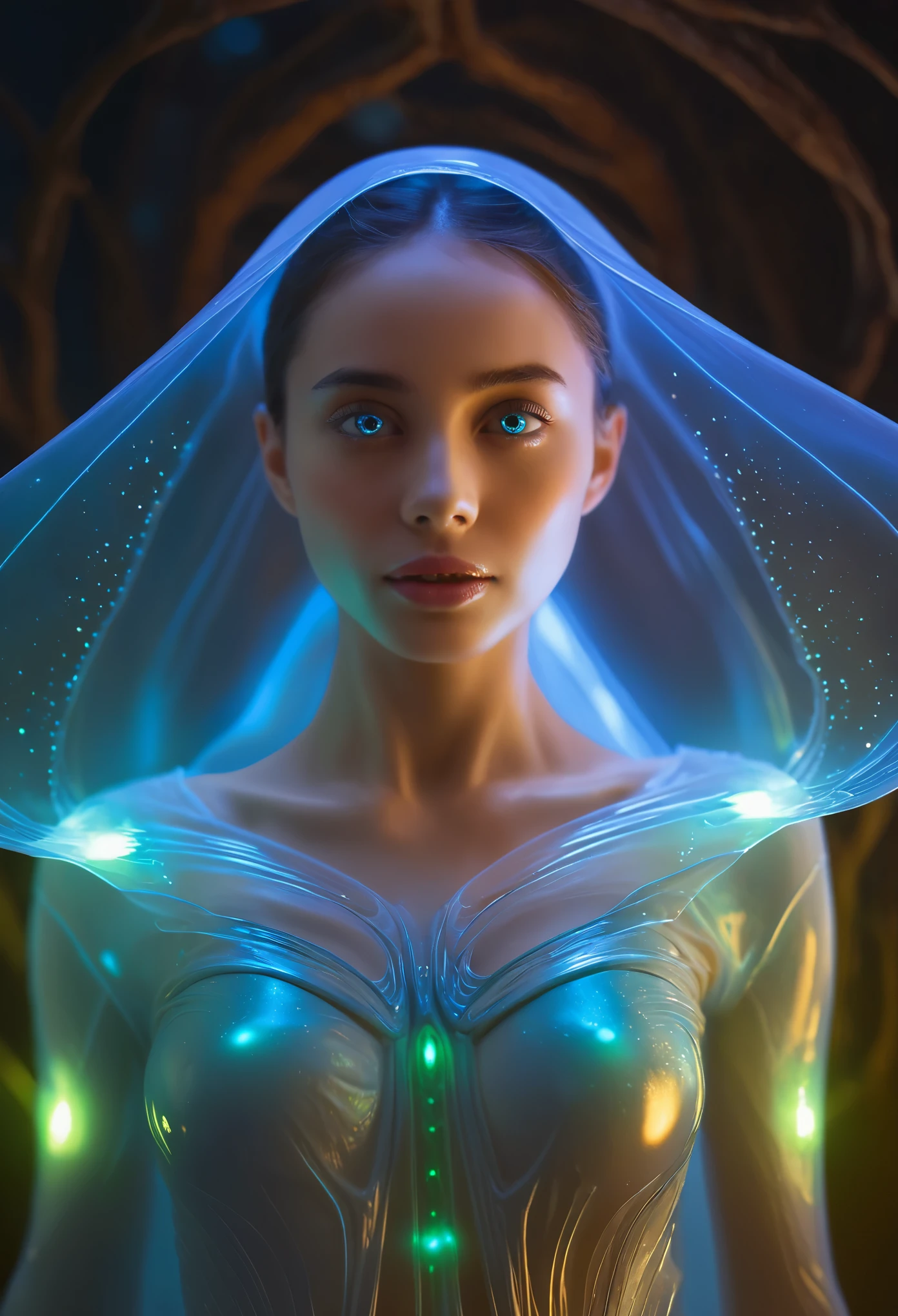 1 beautiful female alien emerging from a cocoon, beautiful and detailed face like a cute girl and body, from behind, (bright eyes, shiny skin:1.5), intricate organic details, translucent wings, symmetrical face, ethereal lighting, cinematic, vibrant colors, Digital Art, highly detailed, 8k, photorealistic, full body, floating in the air