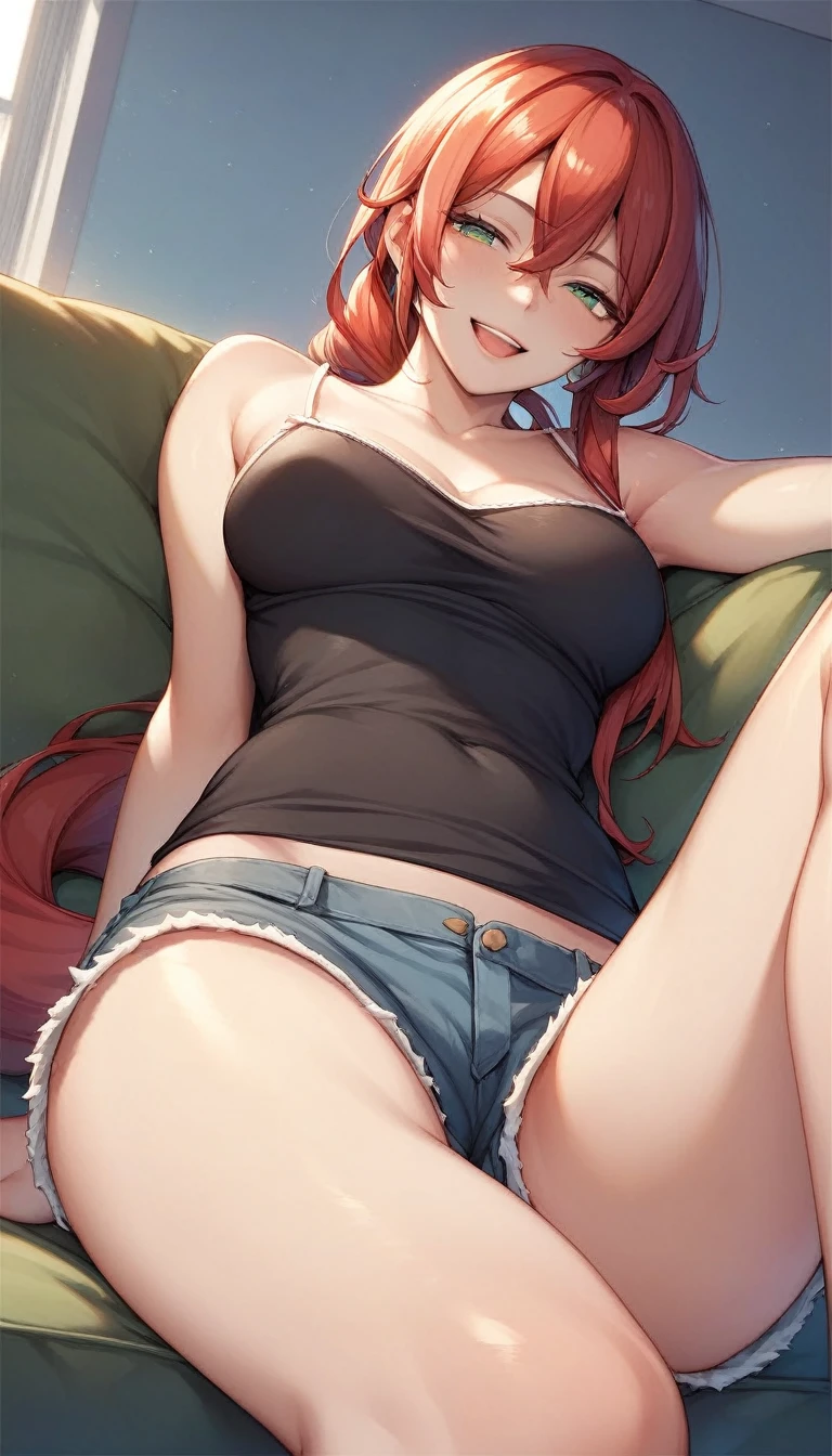 shoot from below, looking at  viewer, there, camisole, Shorts, One anime-style woman,  Red Hair, Long Hair, Long Ponytail, Green Eyes、Sitting on the sofa, half-closed eyes, jitome, Best Quality、masterpiece, Laugh shyly