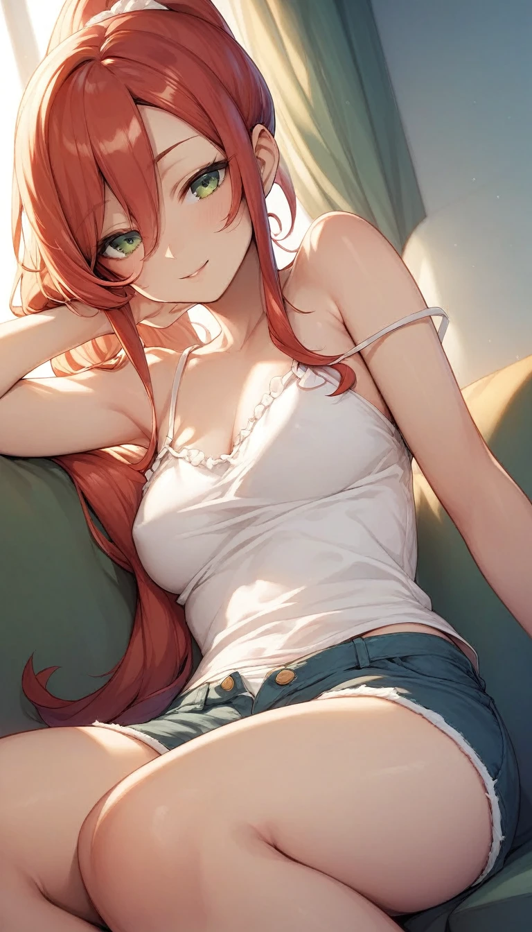 shoot from below, looking at  viewer, there, camisole, Shorts, One anime-style woman,  Red Hair, Long Hair, Long Ponytail, Green Eyes、Sitting on the sofa, half-closed eyes, jitome, Best Quality、masterpiece, Mischievous expression