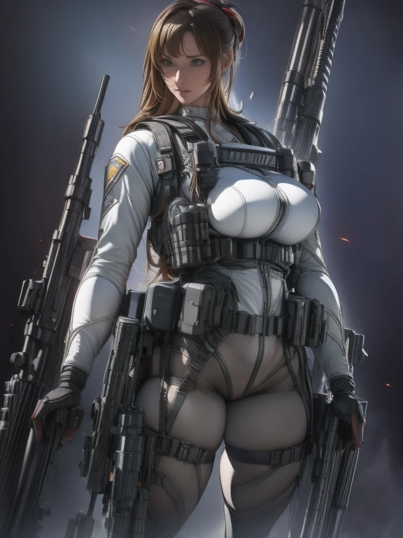 an extremely best quality, masterpiece,extremely detailed,realistic,. Walk in front of large armed robots, Beautiful and moving, Exquisite features, girl, Waste soil style, Long hair, Exposed navel outfit, Short sleeves, Trousers, Boots, Full-body photo, Bikini