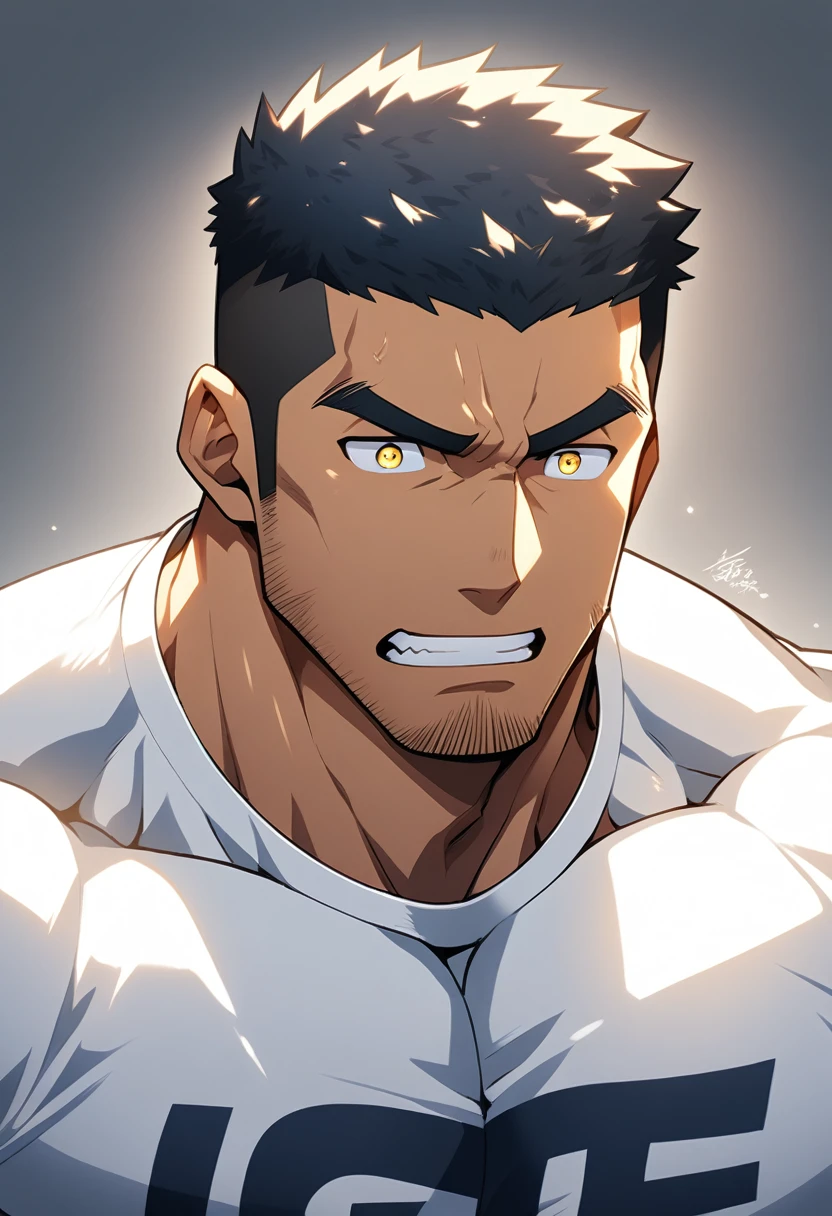 anime characters：Gyee, Young Muscle Sports Sexy Police, negro black skin, Manliness, male focus, White tight shirt, Very tight, muscular male, Huge and round chest muscles, Perfect muscle waist, only, Upper body, alone, Black short hair, Thick eyebrows, stubble, Yellow eyes, Grey background, simple background, amazing quality, best aesthetics, Ridiculous, bright pupils, crew cut, parted lips, Gritting teeth expression, He felt very aggrieved, endured face, best quality