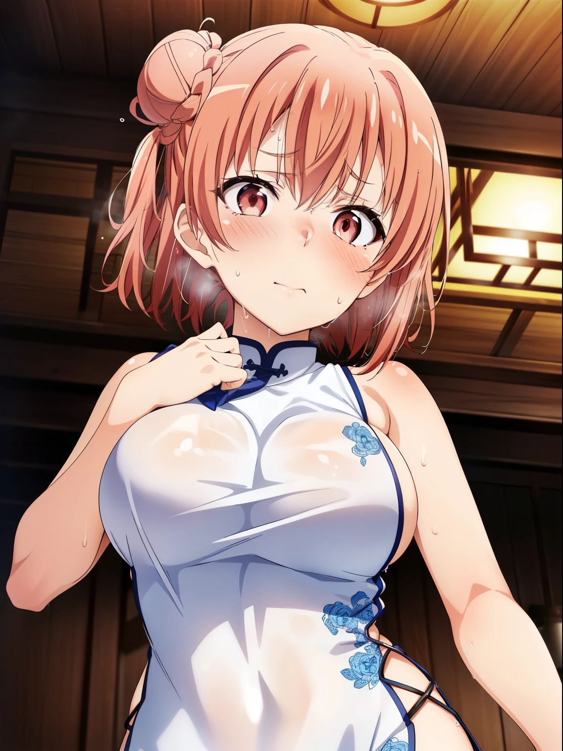 (Best Quality, High resolution, Pixel perfect, Depth of written boundary, 4K, Beautiful Anime Girls),  
Watching the audience, 
Perfect body,  

yuigahama yui, (Big Breasts:1.2)、 Short Hair,  double bun, braided bun, nape, bangs,

(Make the whole face blush, sweat、Embarrassing:1.3), 

(oekakizuki china dress),  
Thighs、
from below, 