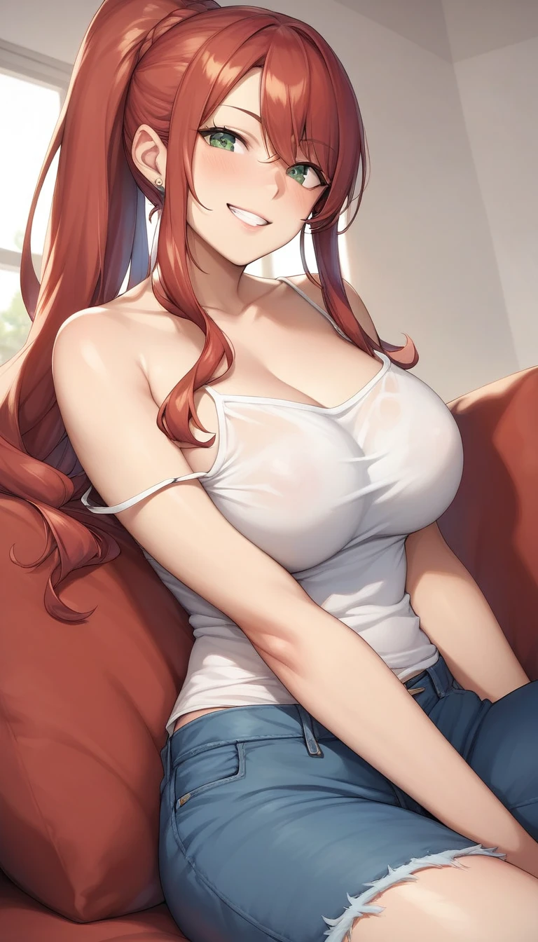 shoot from below, looking at  viewer, there, Larger breasts, camisole, Shorts, One anime-style woman,  Red Hair, Long Hair, Long Ponytail, Green Eyes、Sitting on the sofa, Best Quality、masterpiece, Grin