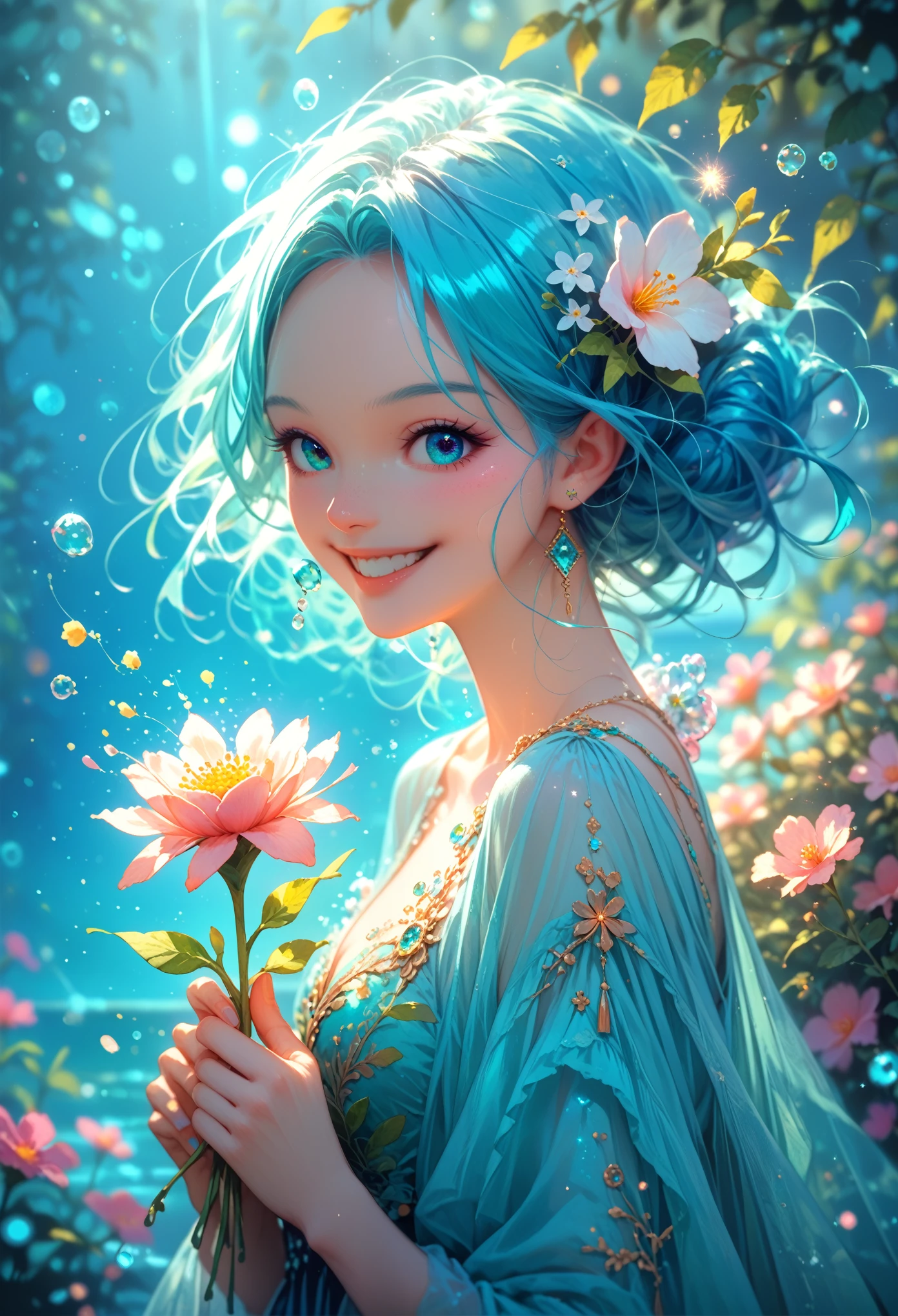 anime girl, Bright Blue Aquamarine Hair, bright, smile, holding a flower in his hands, The Flower Emits Magic Pollen, Everything Around Sparkles and Magic Happens, masterpiece, maximum quality, Game of Shadows, Shine, 