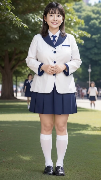 Japanese Mature,(60 years old:1.2),White skin,(curvy,Large Breasts,Emphasizes plump thighs:1.1),(Nogizaka uniform,Super short mini skirt,Short socks,Wearing loafers:1.2),Wavy semi-long hair,Wearing earrings,(Standing in the park,Full body shot from head to toe:1.2),looking at viewer,smile,surrealism, depth of field, from below, Sony FE, 8k