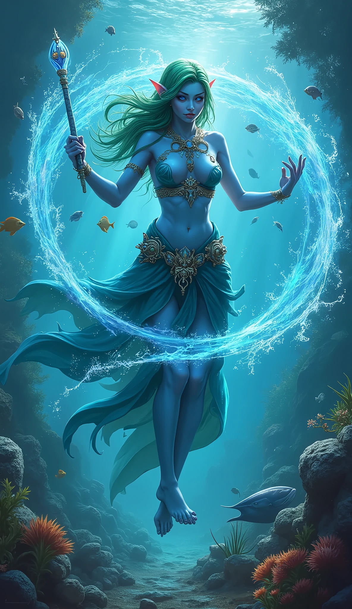 Underwater, Beautieful Female Human Amphibic Hybrid, Ocean Queen, dark fantasy, full body, underwater background with sharks