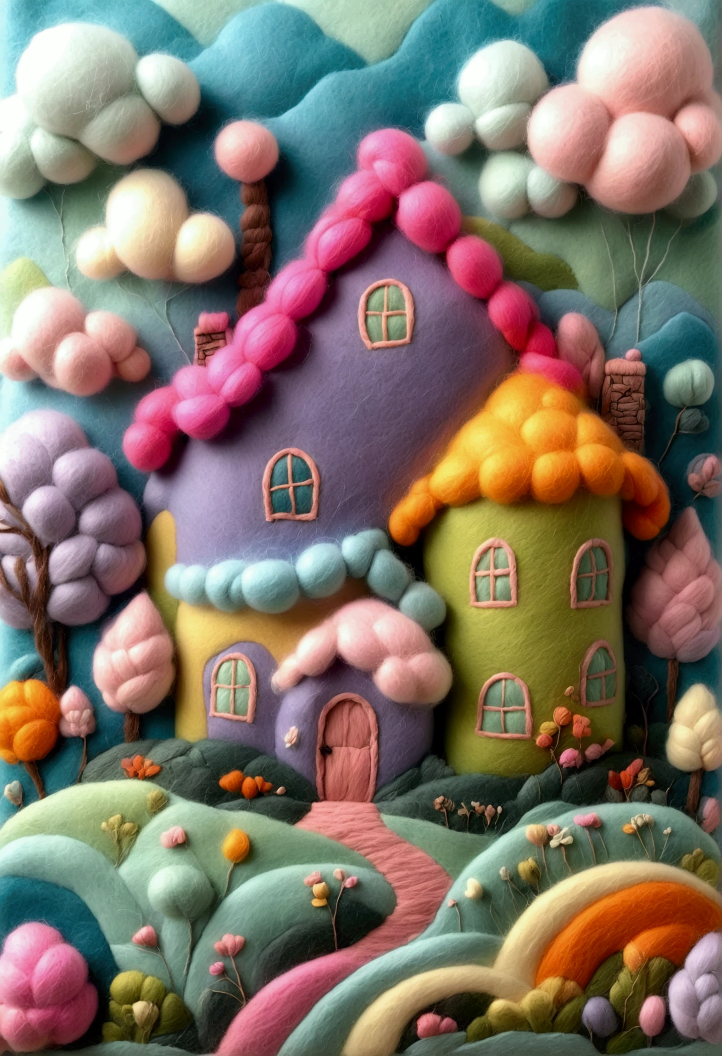 very strong felt style: A house made of colorful wool, in the style of Tim Walker, dreamlike and surrealistic. A misty field with bright pastel colors, a fairycore aesthetic, made from yarn，Fujifilm