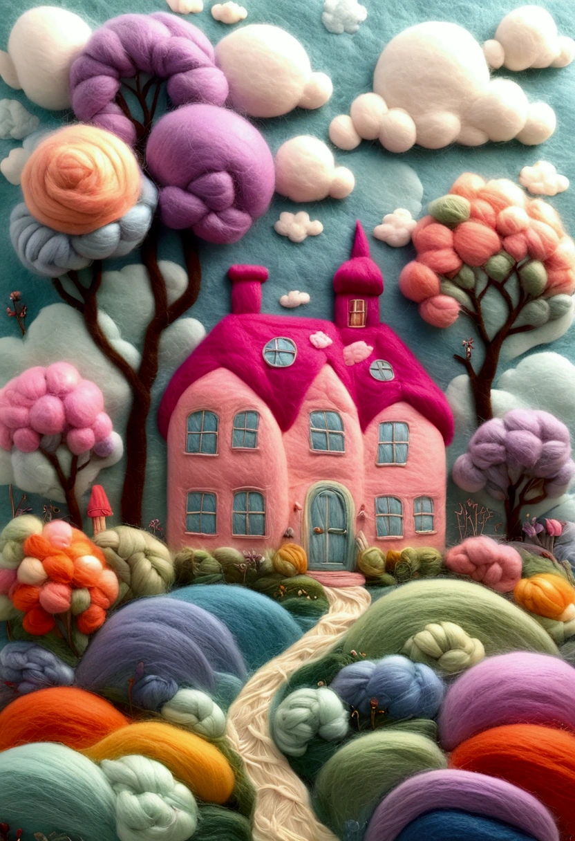 very strong felt style: A house made of colorful wool, in the style of Tim Walker, dreamlike and surrealistic. A misty field with bright pastel colors, a fairycore aesthetic, made from yarn，Fujifilm