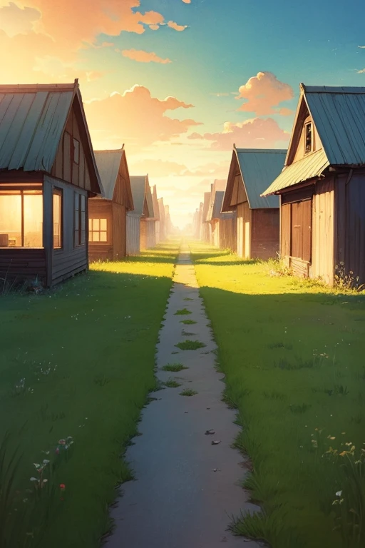 Liminal space, nostalgia, grass instead of floor, abandoned town, anime, cartoon, flat palette, 2D, digital art, light colors, dreamy, watercolor