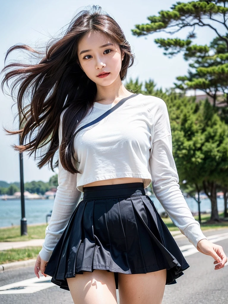 (RAW Photos:1.2), (Realistic), Beautiful detailed girl, Highly detailed eyes and face, Narrow and beautiful eyes, Large file size, High resolution, Very detailed, highest quality, shape, Very detailed, The finer details, highest quality, 8k wallpaper, Cinema Lighting, 20 years old, university student, flower々Spring plateau in full bloom, (((She is wearing a long navy blue skirt that reaches down to her knees))), In strong winds, The skirt is flipped up and the white panties are visible., Wearing pumps, Full body portrait, In the warm plateau of spring, Very strong winds, Skirt soars in strong winds, Slender body, Small breasts, Exposed underwear, Warm spring storm scene, Spring scenery, Lots of spring trees, black hair, bangs, ponytail, straight hair, seductive smile, Surrealism, cinematic lighting, first-person view, Nikon, f/1.2, cowboy shot, first-person view, pov, UHD, best quality, highres