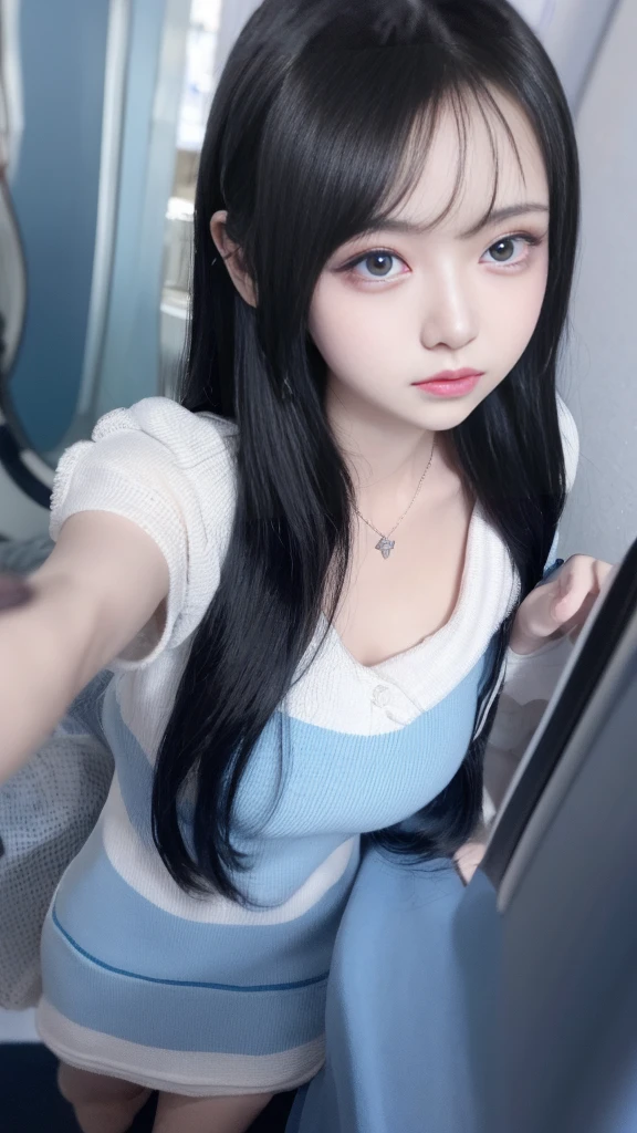 highest quality、8k、32k、masterpiece、Super vivid、Highest quality、8k full vision, Cinematic lighting:1.2)、(Blue right), One Girl、Long Hair Girl、Beautiful Japanese Women、Black-haired、Heavy bangs、Long sleeve shirt、Hair length、Fluffy white sweater、Accentuate your breasts、G-Cup,choker、(Super big boobs), (jirai type makeup, Jirai Type Girl:1.5), Sparkling glitter eye makeup, From feet to head、
indoor、moonlit room、A room in an apartment with a sense of life