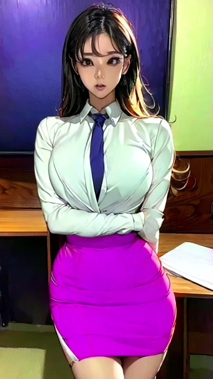 She has big boobs and is wearing her white shirt with purple tie pants and a big boob hole