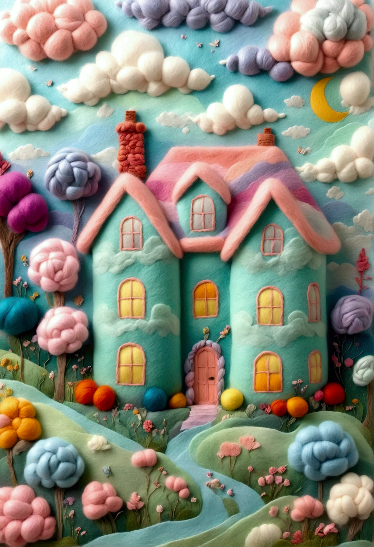 very strong felt style: A house made of colorful wool, in the style of Tim Walker, dreamlike and surrealistic. A misty field with bright pastel colors, a fairycore aesthetic, made from yarn，Fujifilm