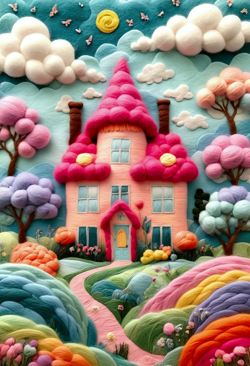 very strong felt style: A house made of colorful wool, in the style of Tim Walker, dreamlike and surrealistic. A misty field with bright pastel colors, a fairycore aesthetic, made from yarn，Fujifilm