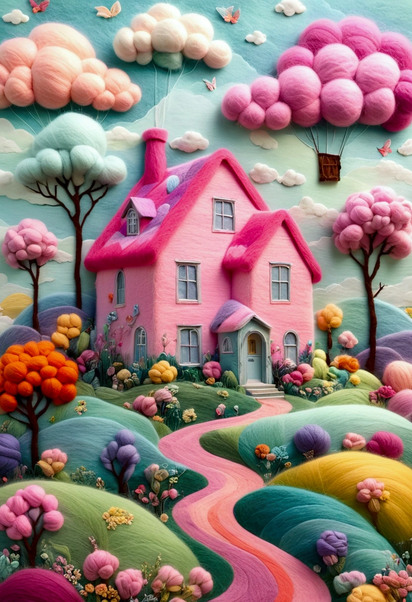 very strong felt style: A house made of colorful wool, in the style of Tim Walker, dreamlike and surrealistic. A misty field with bright pastel colors, a fairycore aesthetic, made from yarn，Fujifilm