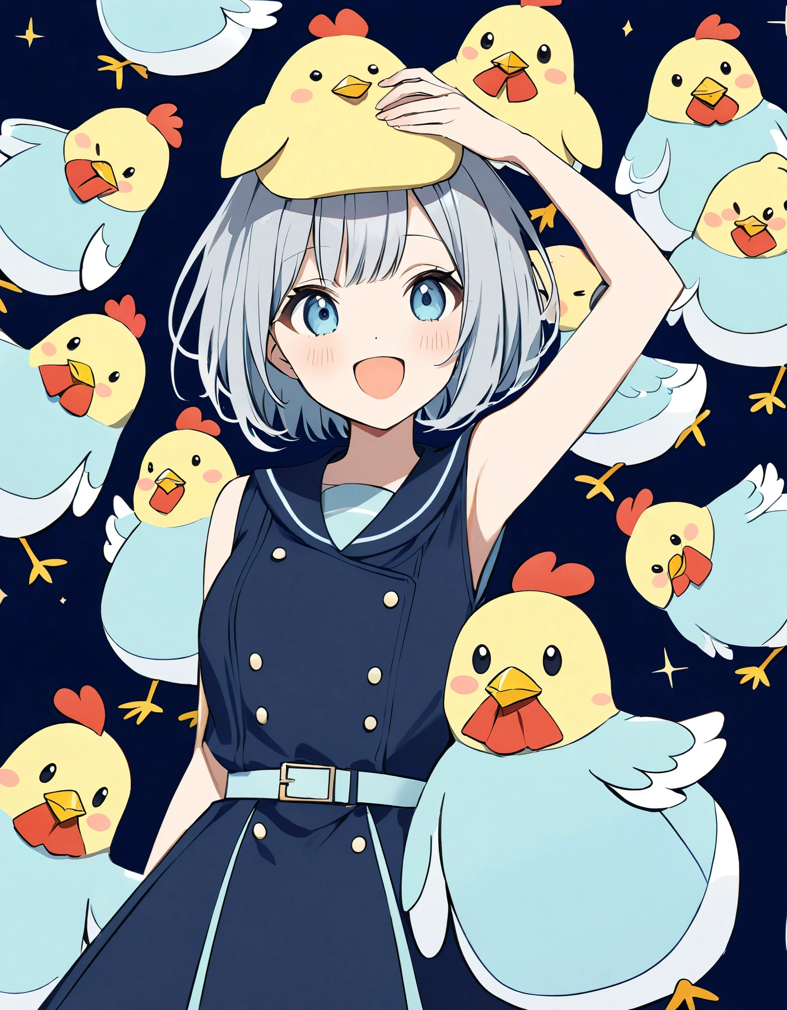 Light pastel colours、Navy blue based color scheme、Gray Hair、Girl posing、Short Bob,:d、Put a chicken on your head