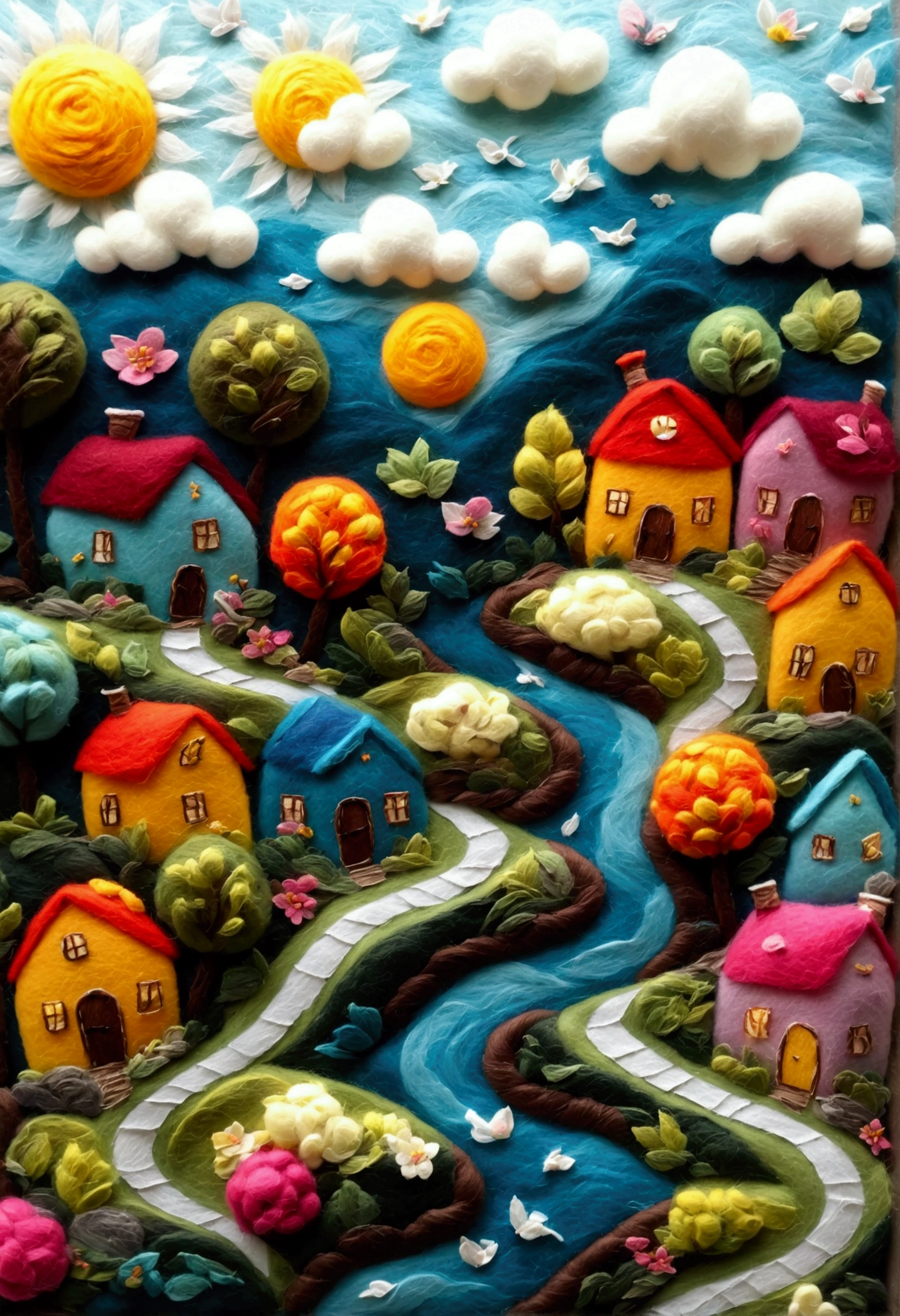 very strong felt style:Miniature Landscape，Cherry town made of felt，Picturesque scenery，Soothing colors，Soft texture，Handmade House，Winding Streets，Lush garden，Healing Energy，Quiet residents，Warm atmosphere，Architectural Models，Diorama，