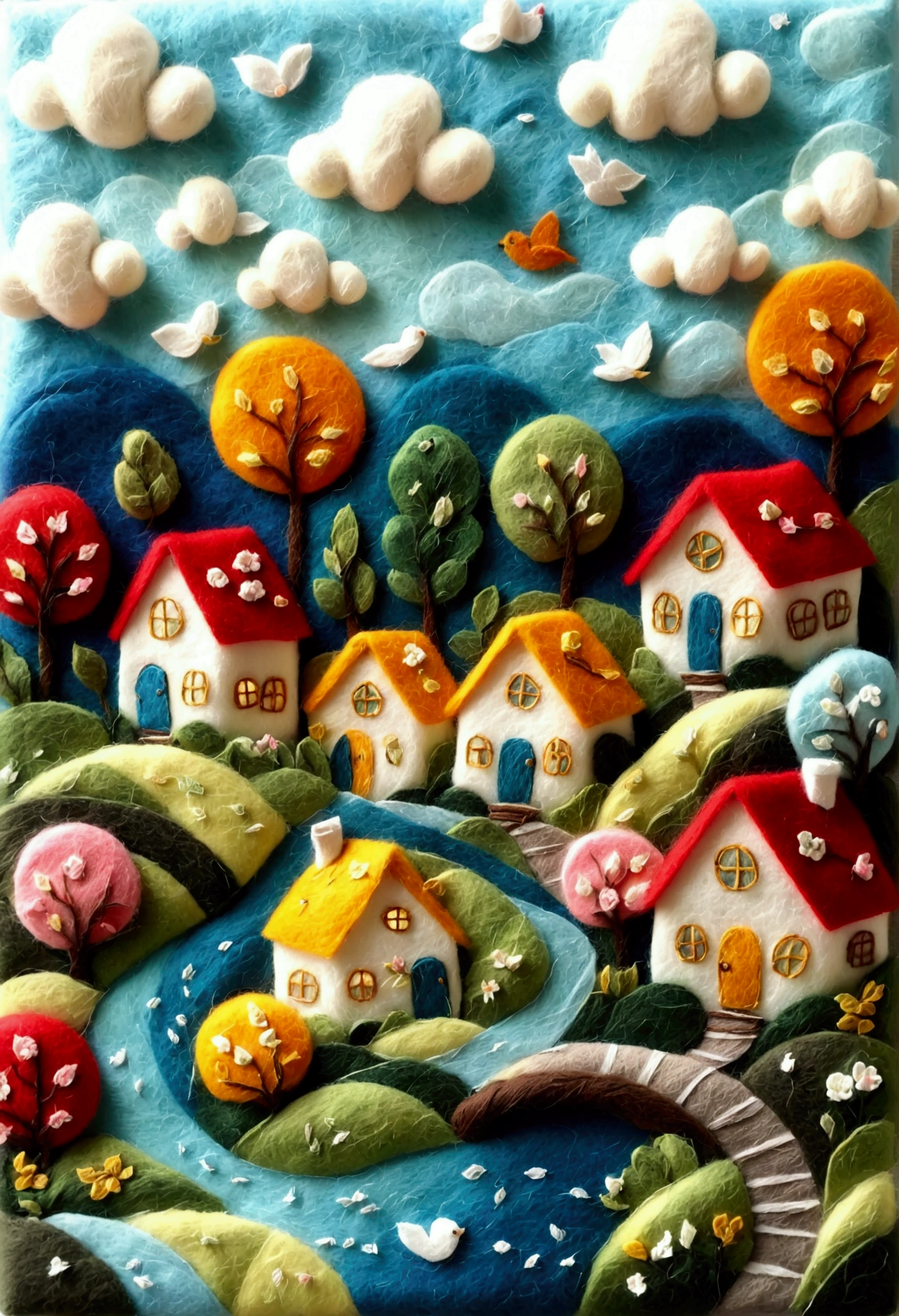 very strong felt style:Miniature Landscape，Cherry town made of felt，Picturesque scenery，Soothing colors，Soft texture，Handmade House，Winding Streets，Lush garden，Healing Energy，Quiet residents，Warm atmosphere，Architectural Models，Diorama，