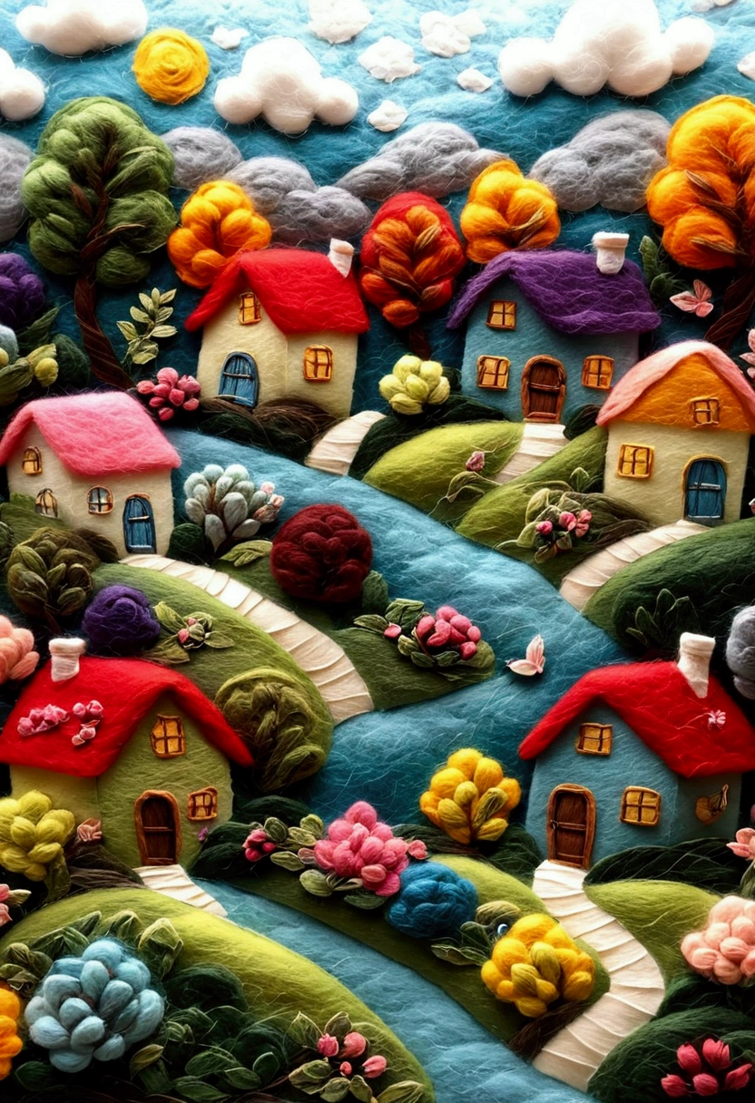 very strong felt style:Miniature Landscape，Cherry town made of felt，Picturesque scenery，Soothing colors，Soft texture，Handmade House，Winding Streets，Lush garden，Healing Energy，Quiet residents，Warm atmosphere，Architectural Models，Diorama，