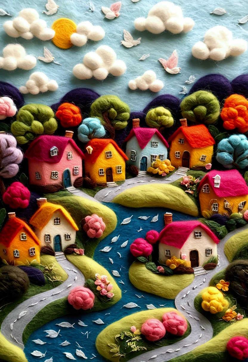 very strong felt style:Miniature Landscape，Cherry town made of felt，Picturesque scenery，Soothing colors，Soft texture，Handmade House，Winding Streets，Lush garden，Healing Energy，Quiet residents，Warm atmosphere，Architectural Models，Diorama，