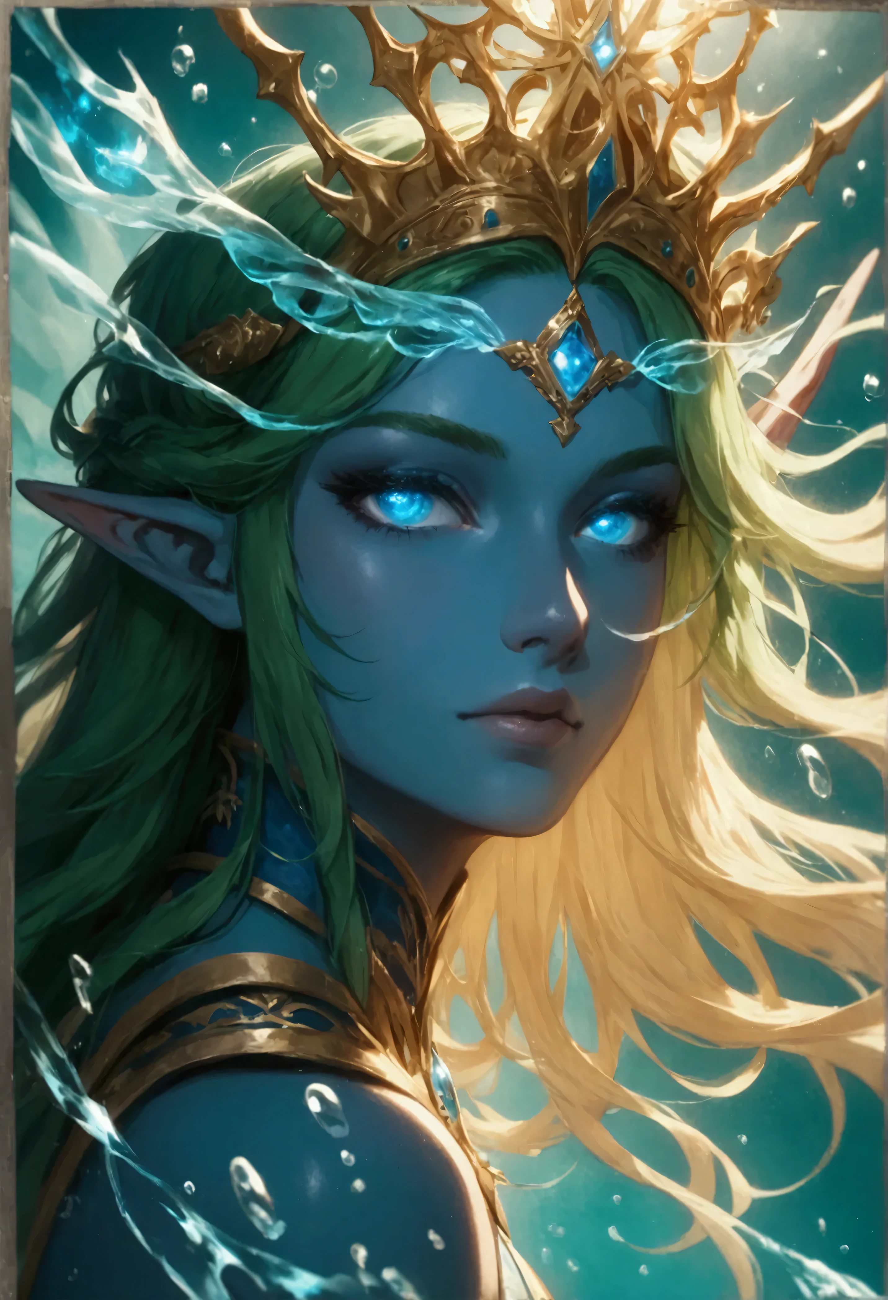 picture of a sea elf (intricate details, Masterpiece, best quality: 1.5) water mage casting ((water control spell)), water wizard ((water magic, intense magic details)), ((controlling a swirling mass of water)), magical symbols, female sea elf, blue skin, green hair, long hair, swirling hair, intense eyes, small pointed ears, ((blue eyes)), ((glowing eyes)), armed with magical wand, wearing sea shell clothing, beautiful elf, underwater background, rich underwater life, ((magical atmosphere)), fish and sea weeds, high details, best quality, 16k, [ultra detailed], masterpiece, best quality, (extremely detailed), dynamic angle, ultra wide shot, RAW, photorealistic, fantasy art, dnd art, rpg art, realistic art, an ultra wide  high details, best quality, highres, fflix_ufantasy