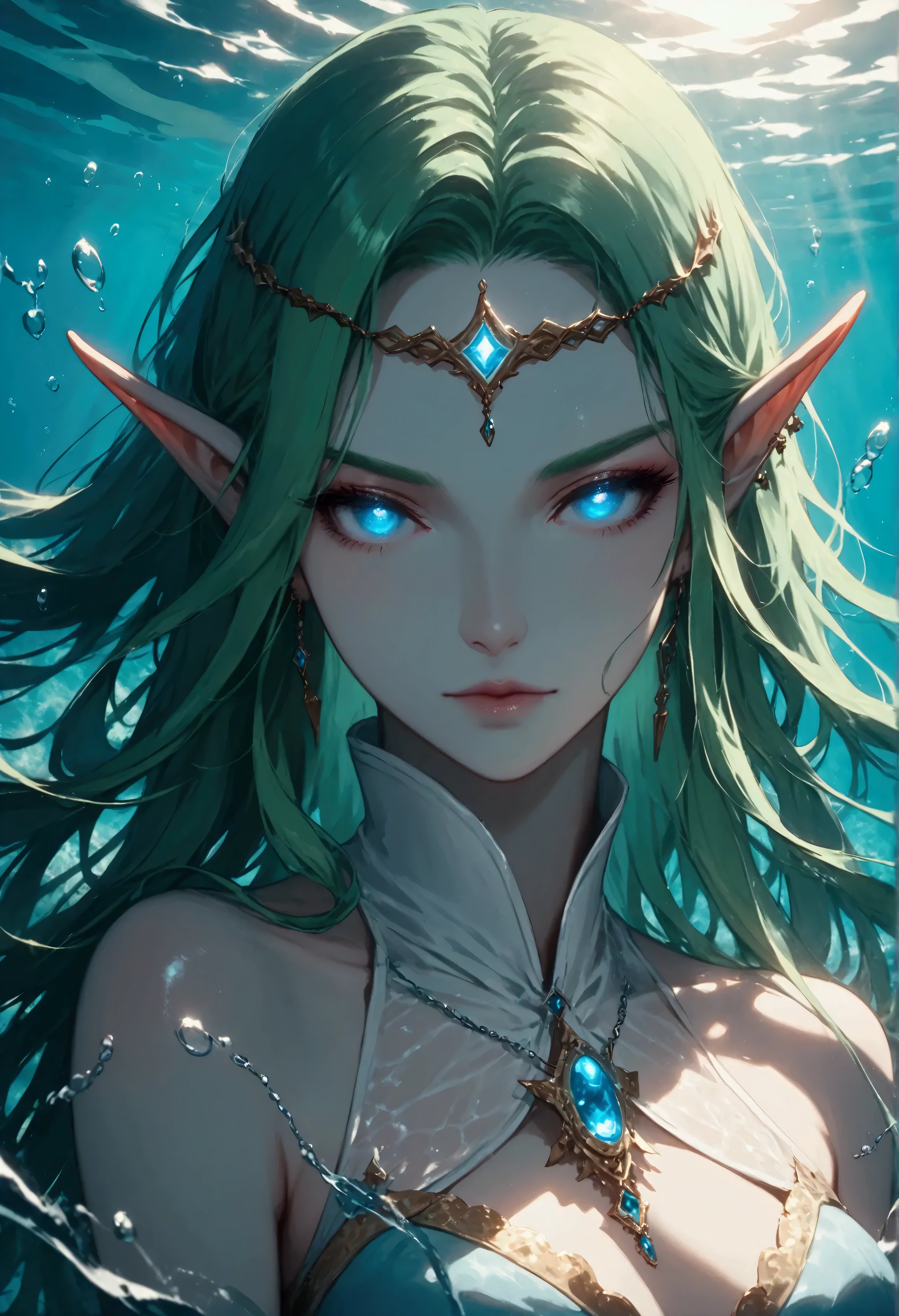 picture of a sea elf (intricate details, Masterpiece, best quality: 1.5) water mage casting ((water control spell)), water wizard ((water magic, intense magic details)), ((controlling a swirling mass of water)), magical symbols, female sea elf, blue skin, green hair, long hair, swirling hair, intense eyes, small pointed ears, ((blue eyes)), ((glowing eyes)), armed with magical wand, wearing sea shell clothing, beautiful elf, underwater background, rich underwater life, ((magical atmosphere)), fish and sea weeds, high details, best quality, 16k, [ultra detailed], masterpiece, best quality, (extremely detailed), dynamic angle, ultra wide shot, RAW, photorealistic, fantasy art, dnd art, rpg art, realistic art, an ultra wide  high details, best quality, highres, fflix_ufantasy