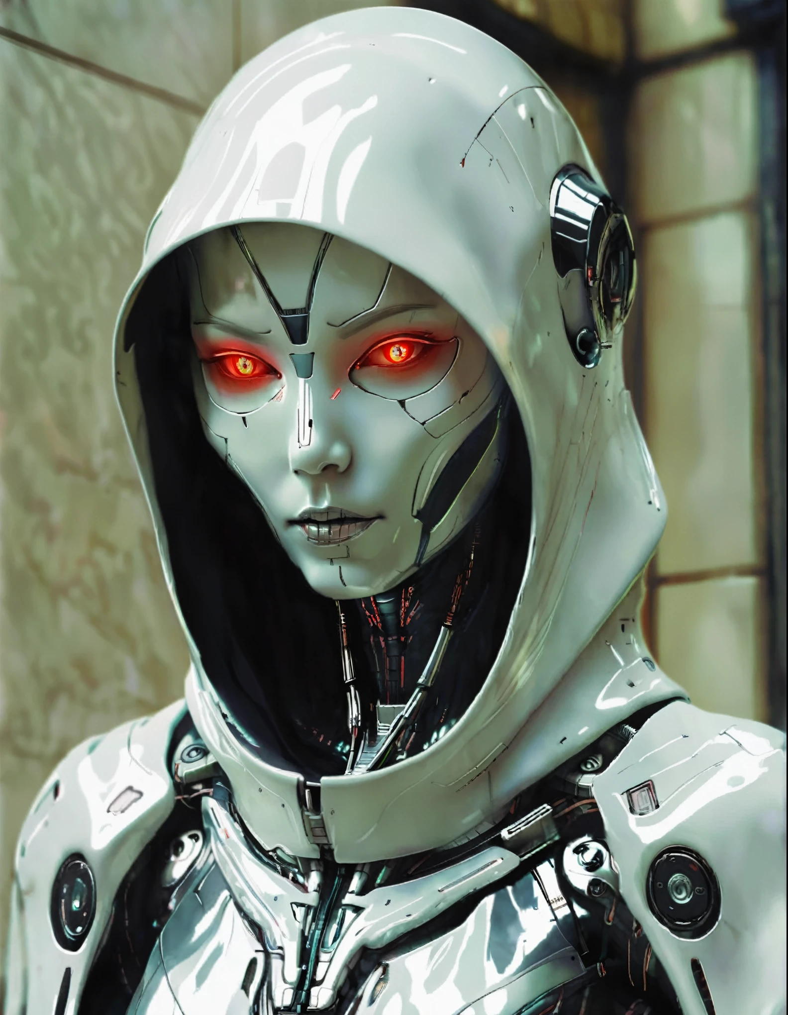 a close up of a robot with red eyes and a hood, biblical female android, sci-fi android female, beautiful female android, portrait of a female android, beautiful female android!, attractive sci - fi face, portrait of female humanoid, retrofuturistic female android, portrait of a futuristic robot, portrait of female android, an image of a beautiful cyborg