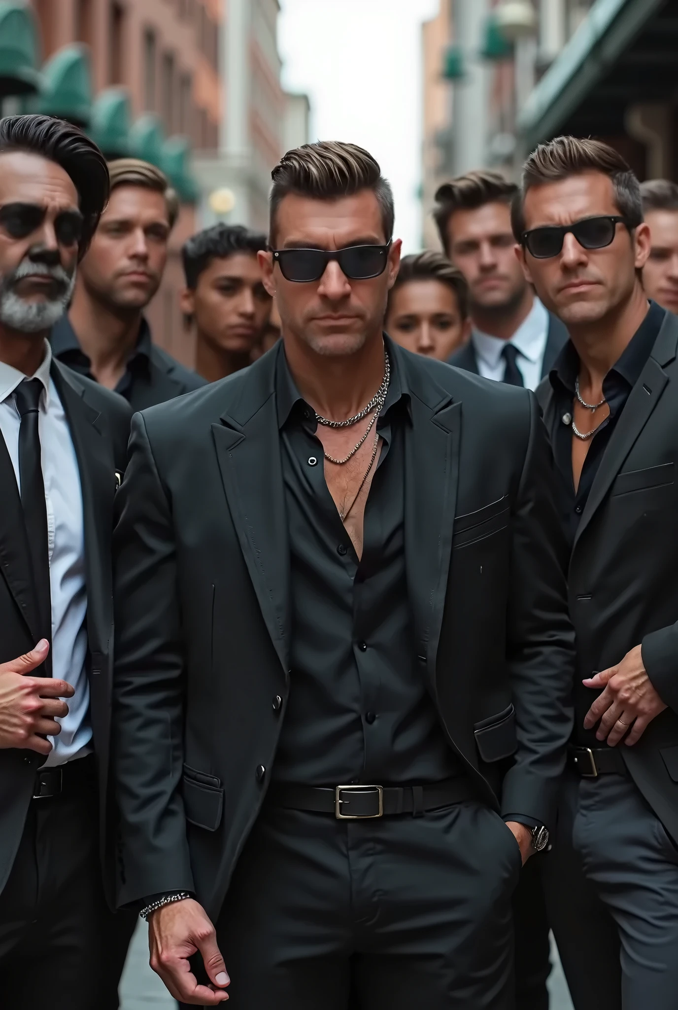 handsome muscular shirtless blonde man wearing glasses,  laughing,hands above head in handcuffs,tickled armpits by  two muscular bald men wearing black suits standing behind him and looking at him with seriousness, office background, 