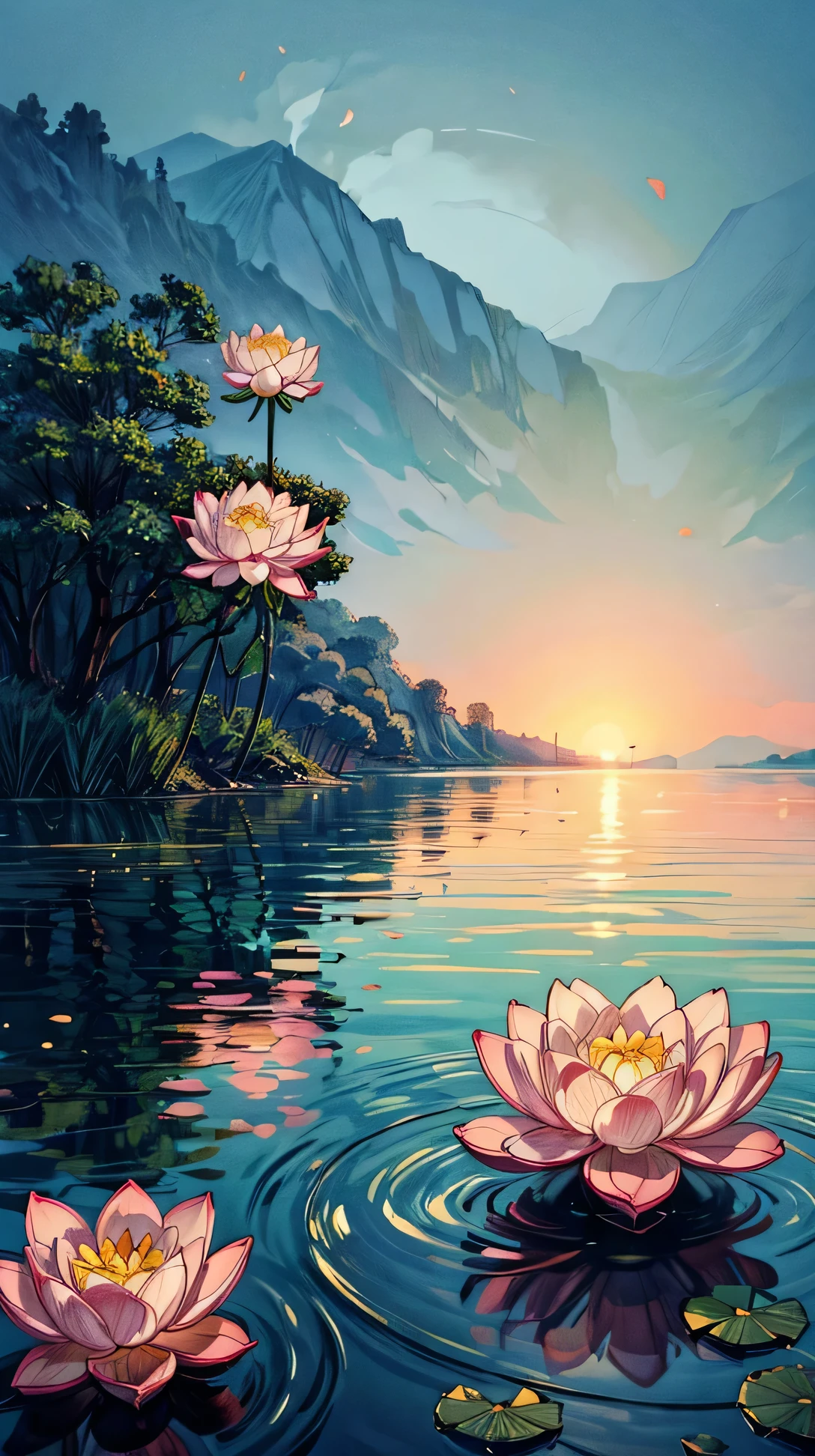  (landscape), A still lake where lotus flowers float serenely on the surface, their delicate petals illuminated by the soft light of dawn.