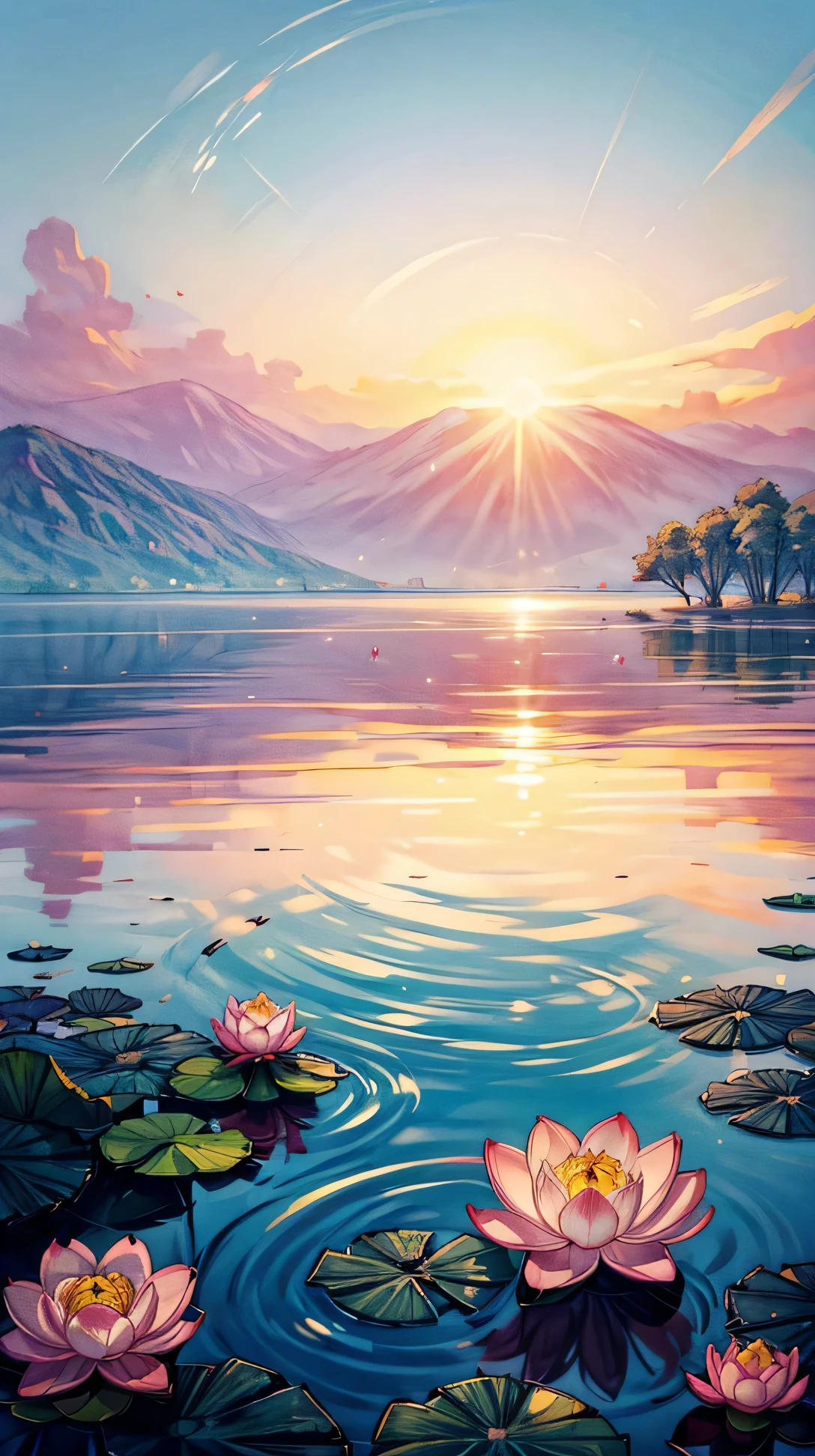  (landscape), A still lake where lotus flowers float serenely on the surface, their delicate petals illuminated by the soft light of dawn.
