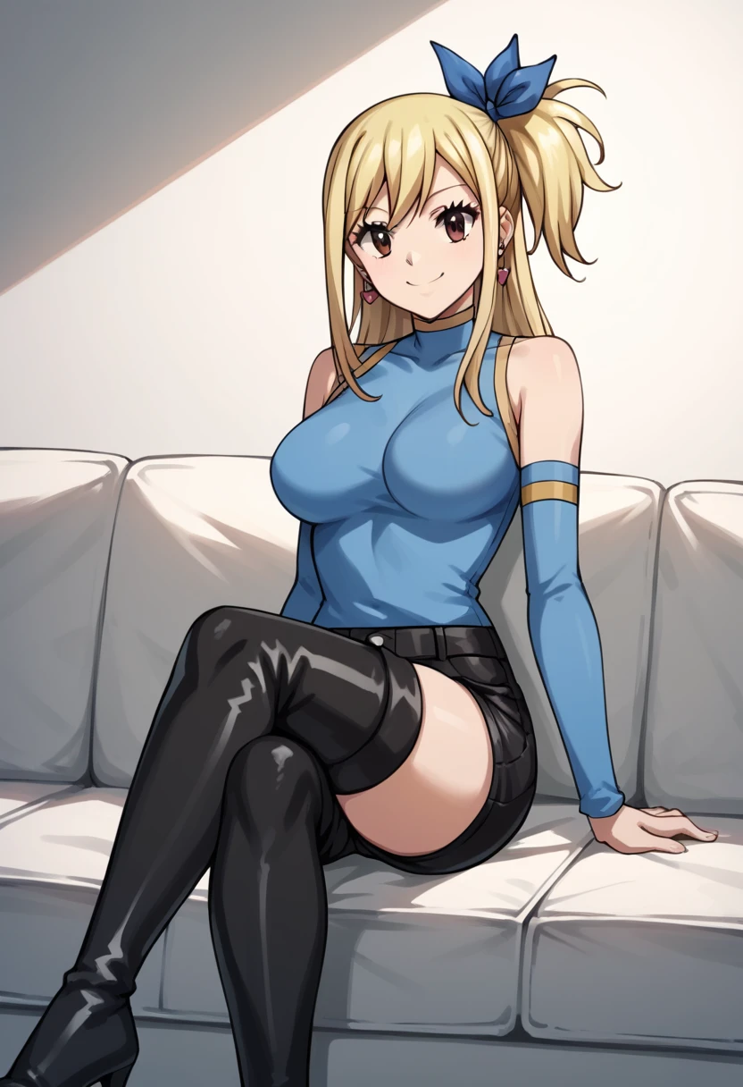 score_9, score_8_up, score_7_up, score_6_up, score_5_up, score_4_up, source_anime, 1girl,lucy heartfilia, smile, blonde hair, long hair, side ponytail, blue ribbon, brown eyes, middle breasts, earrings, thigh boots, black boots, long heels, blue shirt, black shorts, crossed legs, sit, sofa, room, best quality, best res, 4K UHD,
 