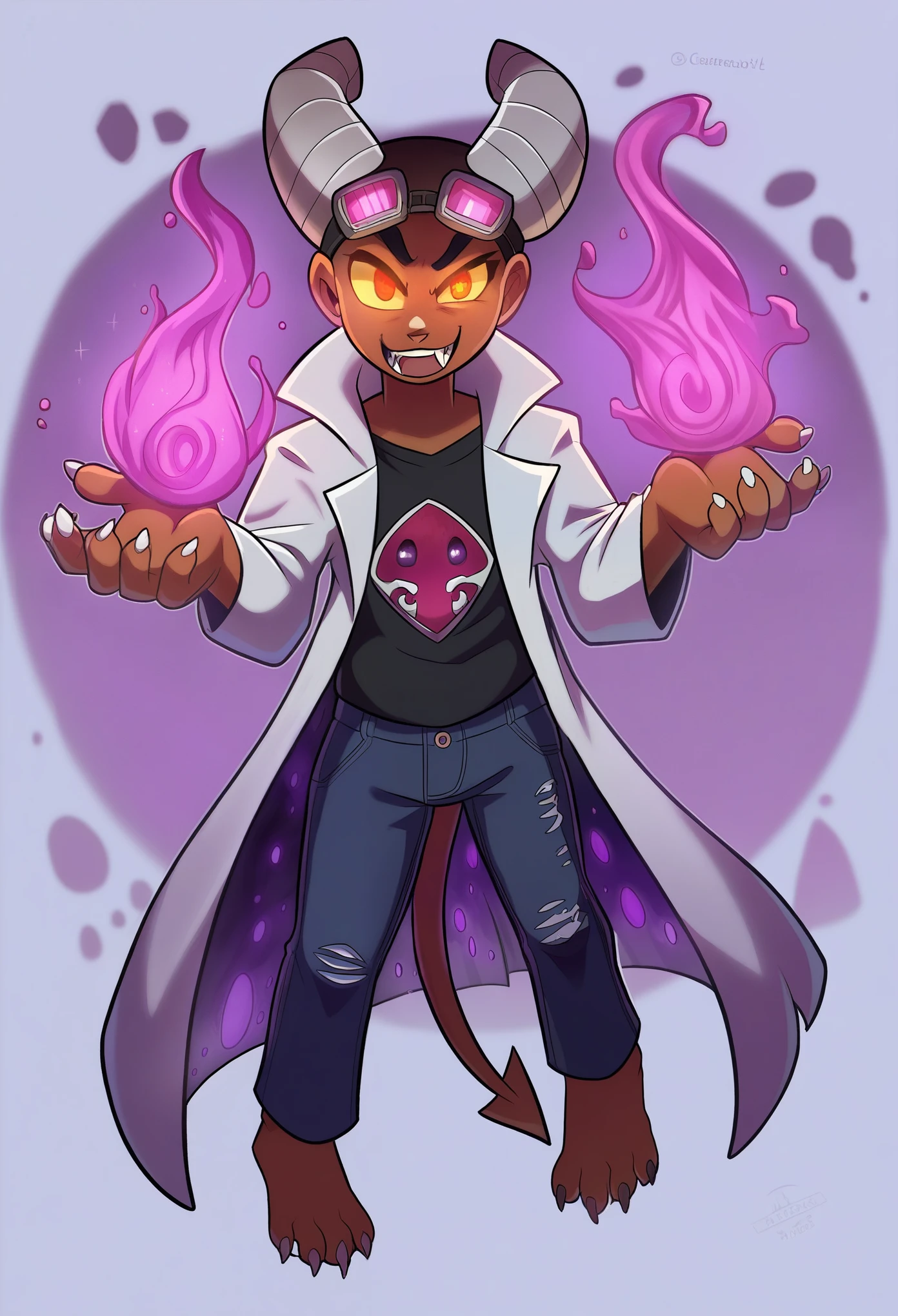 A man with dark chocolate brown skin and a mostly shaved head. He has heterochromia, with one eye blazing orange and the other void purple. He is wearing a delicate white lab coat over a red t-shirt and black jeans. Resting on his forehead are white lab goggles. He has dark, curved metallic horns on his forehead resembling those of Houndoom. A sleek, dark tail with a flame or bone-like pattern extends from his lower back. His hands have subtle claws with blackened sharp nails, and his teeth are slightly sharpened with visible canine fangs. His eyes or horns emit a faint, eerie glow, adding to his supernatural, menacing presence. Gentle Expression, detailed face, extremely detailed eyes, masterpiece, 4k, 8k, high-res, ultra-detailed, physically-based rendering, vivid colors, studio lighting cinematic lighting, dramatic lighting, fantasy, dramatic composition, dynamic pose, volumetric lighting, glowing runes, ethereal runes, rune-covered body, magical aura, purple energy, enchanted markings, shadow magic, magical aura intricate details, glowing magical energy, Ethereal runes, glowing eyes, breathtaking scenery, enchanted markings, nature magic, intricate details, glowing magical energy, Full body, chaos atmosphere