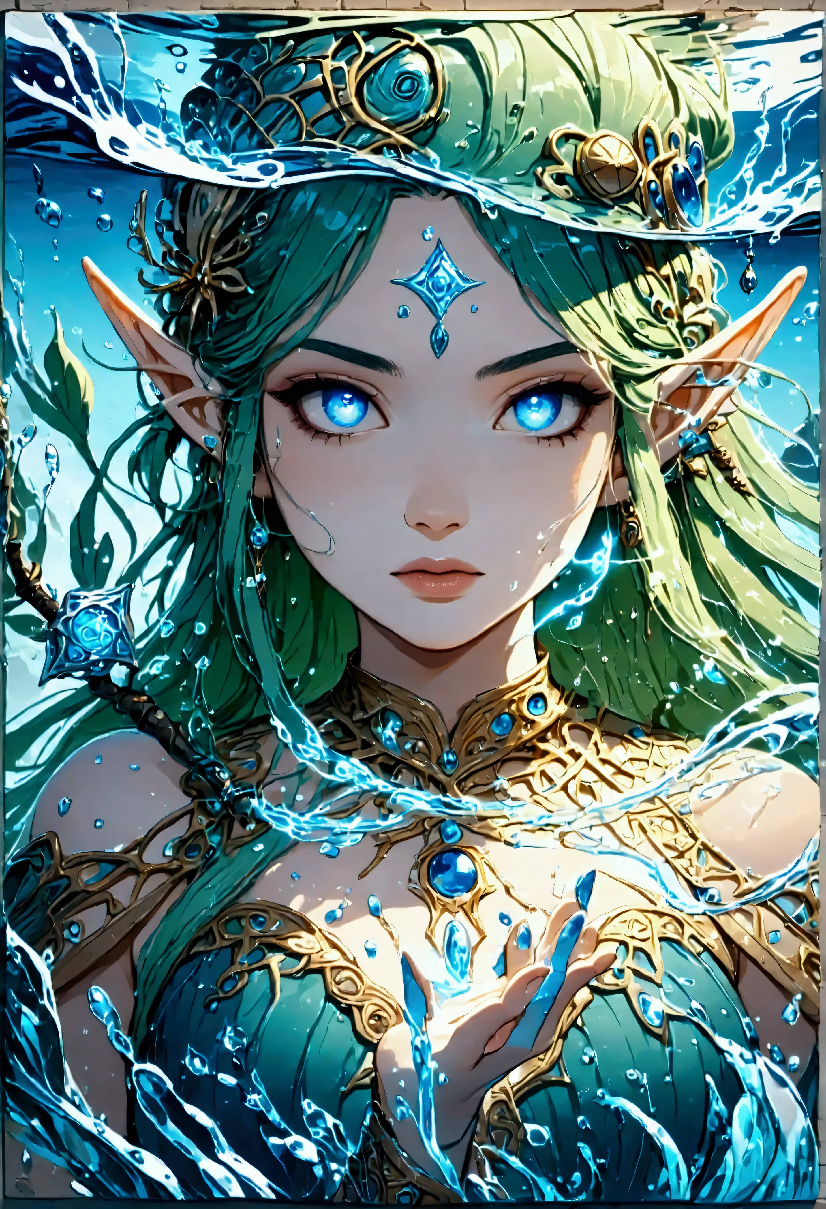 picture of a sea elf (intricate details, Masterpiece, best quality: 1.5) water mage casting ((water control spell)), water wizard ((water magic, intense magic details)), ((controlling a swirling mass of water)), magical symbols, female sea elf, blue skin, green hair, long hair, swirling hair, intense eyes, small pointed ears, ((blue eyes)), ((glowing eyes)), armed with magical wand, wearing sea shell clothing, beautiful elf, underwater background, rich underwater life, ((magical atmosphere)), fish and sea weeds, high details, best quality, 16k, [ultra detailed], masterpiece, best quality, (extremely detailed), dynamic angle, ultra wide shot, RAW, photorealistic, fantasy art, dnd art, rpg art, realistic art, an ultra wide  high details, best quality, highres, fflix_ufantasy, FlshfrGR