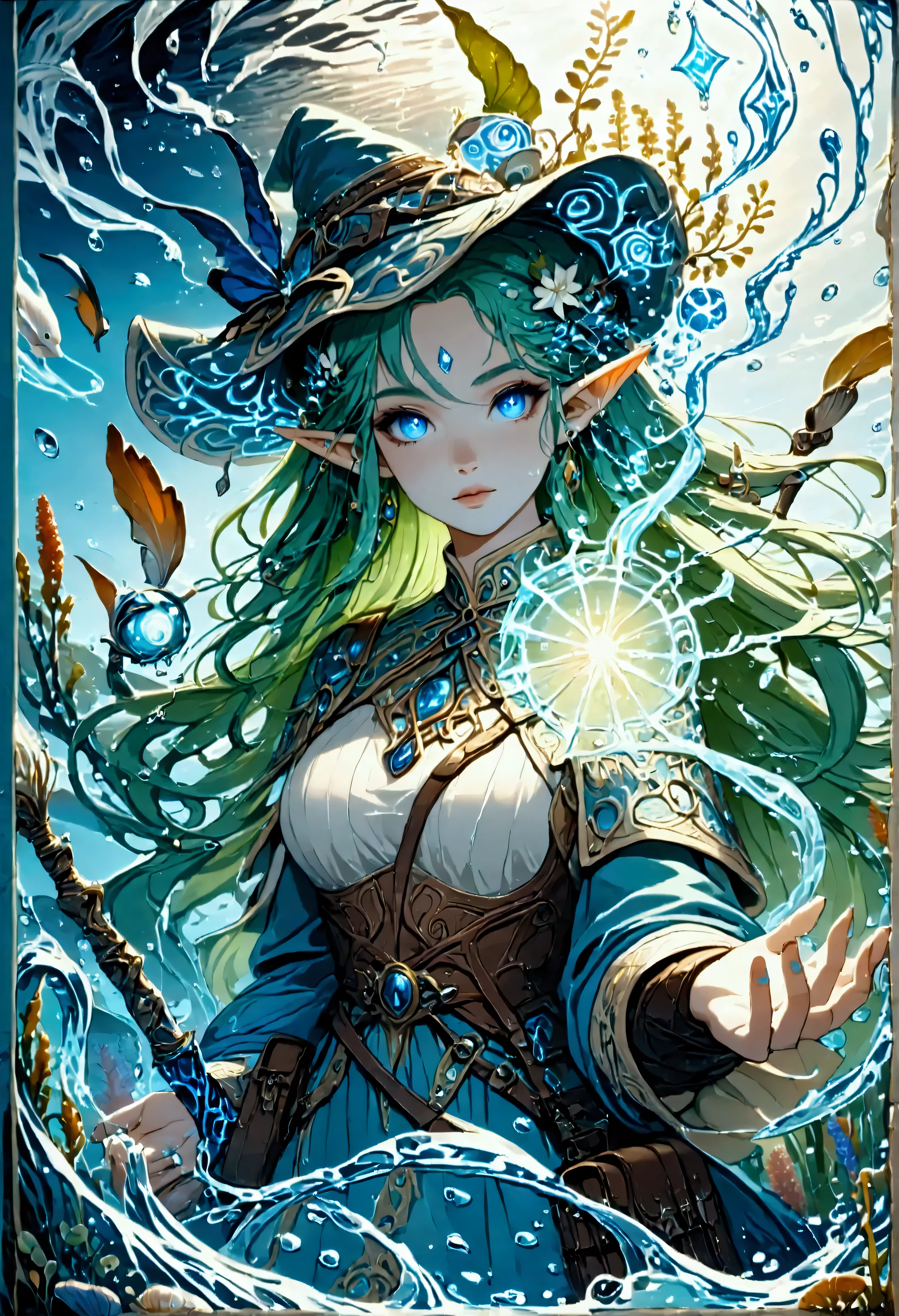 picture of a sea elf (intricate details, Masterpiece, best quality: 1.5) water mage casting ((water control spell)), water wizard ((water magic, intense magic details)), ((controlling a swirling mass of water)), magical symbols, female sea elf, blue skin, green hair, long hair, swirling hair, intense eyes, small pointed ears, ((blue eyes)), ((glowing eyes)), armed with magical wand, wearing sea shell clothing, beautiful elf, underwater background, rich underwater life, ((magical atmosphere)), fish and sea weeds, high details, best quality, 16k, [ultra detailed], masterpiece, best quality, (extremely detailed), dynamic angle, ultra wide shot, RAW, photorealistic, fantasy art, dnd art, rpg art, realistic art, an ultra wide  high details, best quality, highres, fflix_ufantasy, FlshfrGR