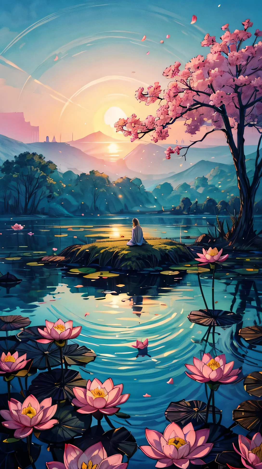  (landscape), A still lake where lotus flowers float serenely on the surface, their delicate petals illuminated by the soft light of dawn.