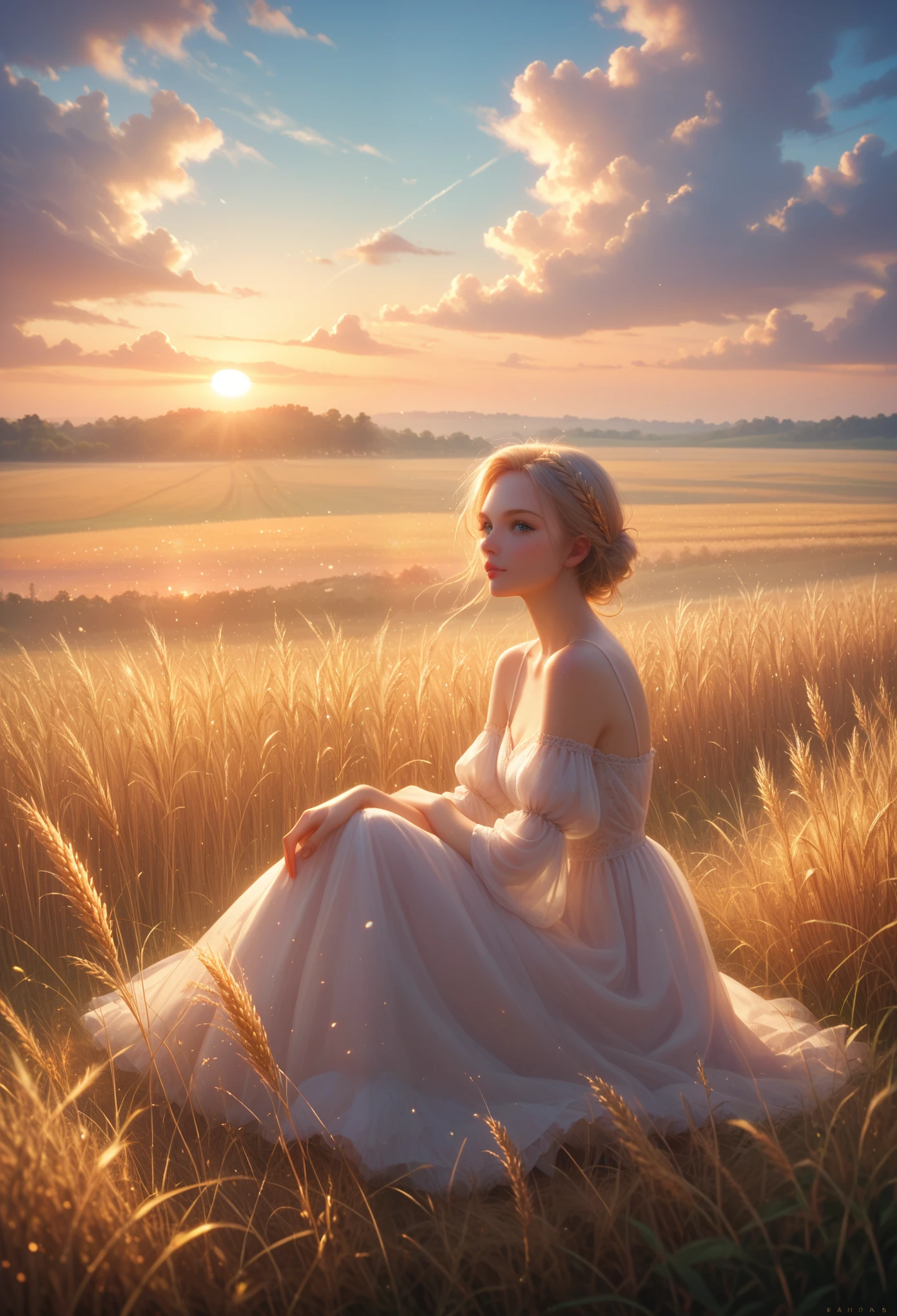 In a Wheat Field Sits a Beautiful Girl, ideal anatomy, decorations, bright, warm colors, sunny day, Shine, complex details: 1.1, masterpiece, Maximum Detail, 8 k, wallpaper, Game of Shadows, Sunset over the horizon,