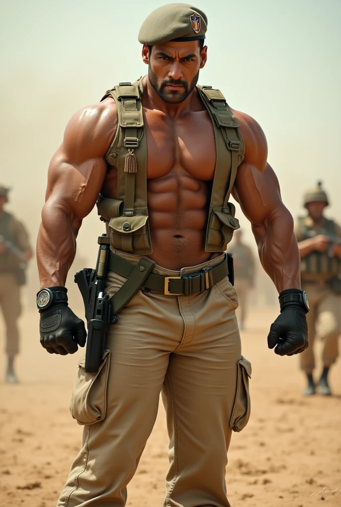 A muscular curly haired mixed race soldier 