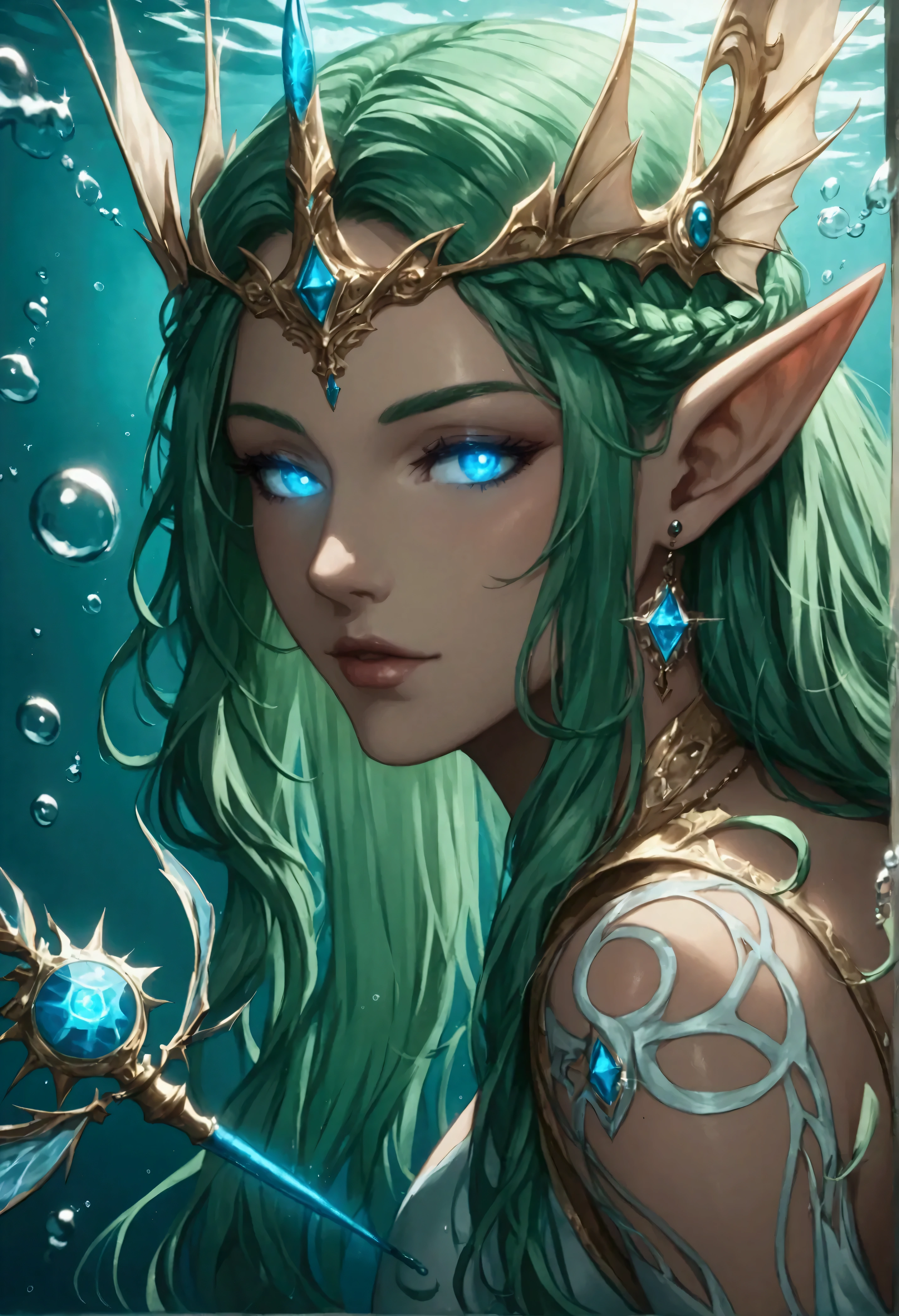 picture of a sea elf (intricate details, Masterpiece, best quality: 1.5) water mage casting ((water control spell)), water wizard ((water magic, intense magic details)), ((controlling a swirling mass of water)), magical symbols, female sea elf, blue skin, green hair, long hair, swirling hair, intense eyes, small pointed ears, ((blue eyes)), ((glowing eyes)), armed with magical wand, wearing sea shell clothing, beautiful elf, underwater background, rich underwater life, ((magical atmosphere)), fish and sea weeds, high details, best quality, 16k, [ultra detailed], masterpiece, best quality, (extremely detailed), dynamic angle, ultra wide shot, RAW, photorealistic, fantasy art, dnd art, rpg art, realistic art, an ultra wide  high details, best quality, highres, fflix_ufantasy