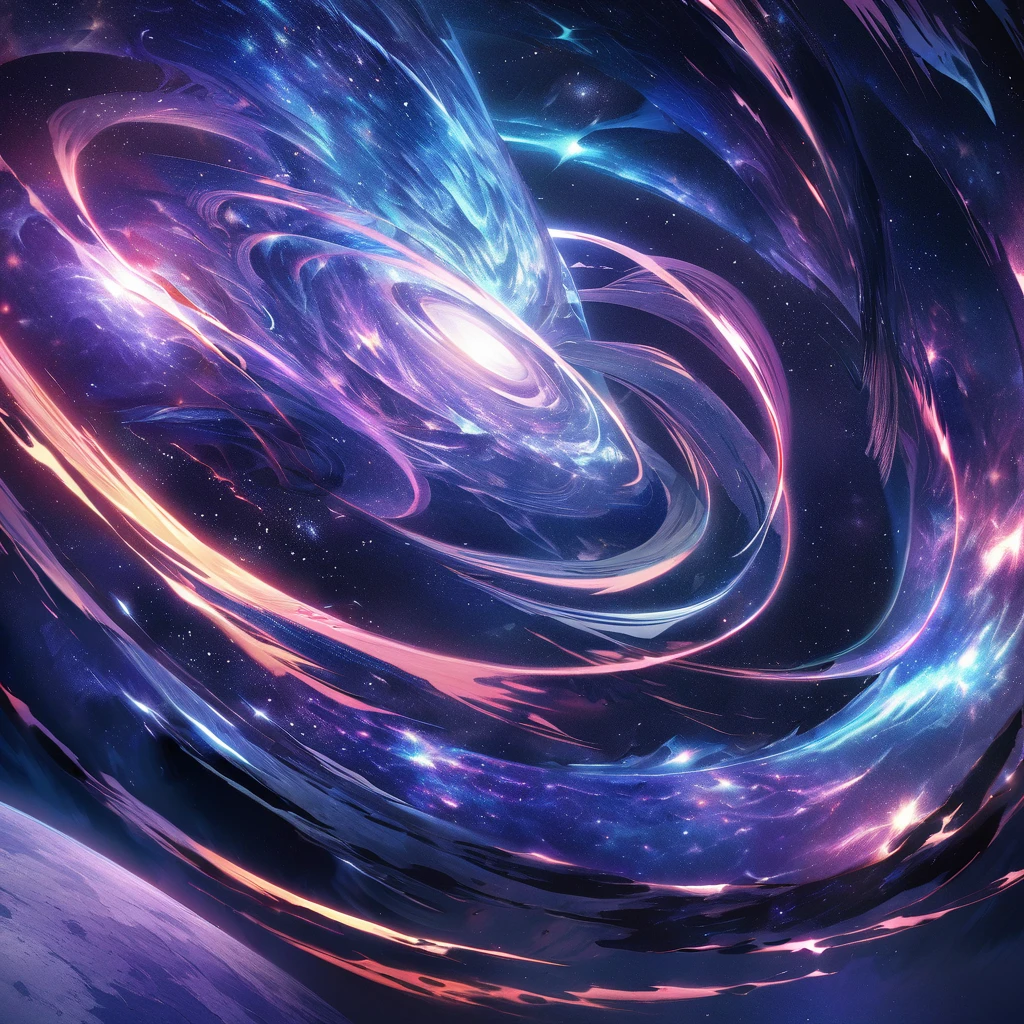 Create a mesmerizing cosmic scene featuring the space-time guardian dragon with an evil mouth, nebula-like formations, bright celestial bodies and radiant energy waves intertwining, illuminating the dark space with vibrant, muted hues of blue and purple. space-time vortex amazing and exceptional quality : 1,8