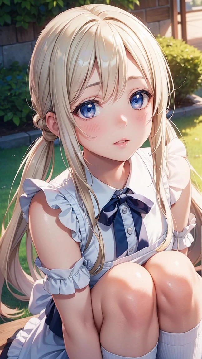 One girl, Natural Light, masterpiece, Very detailed, Illustration, Game CG, Absurd, High image quality, Beautifully detailed eyes, Glossy lips, Natural Light,  (Amazingly detailed CG paintings),(Perfect image), comics.shape.One girl, ((Age 15)), (((Young Face))), masterpiece, (Photorealistic),photograph、少女のphotograph、A face that is cute and beautiful down to the last detail、Beautiful Bangs、Glowing White Skin,Bangs between the eyes、Low Twintails、Blonde,Glamorous light and dark platinum blonde silky hair, Detailed face、Perfect Face.Delicate face、Textured skin、((Beautiful Blue Eyes)).Delicate and beautiful eyes、The eyes are detailed、Reflective eyes, (Gazing at the audience:1.3).(My face got a little red:0.8)、8K wallpaper, Reflected Light、Attention to detail、Complex、Gentle background、Textured skin、Detailed skin, lips open slightly,, From Ahi, Maid, Short puffed sleeves, White thigh high socks, small Maid apron