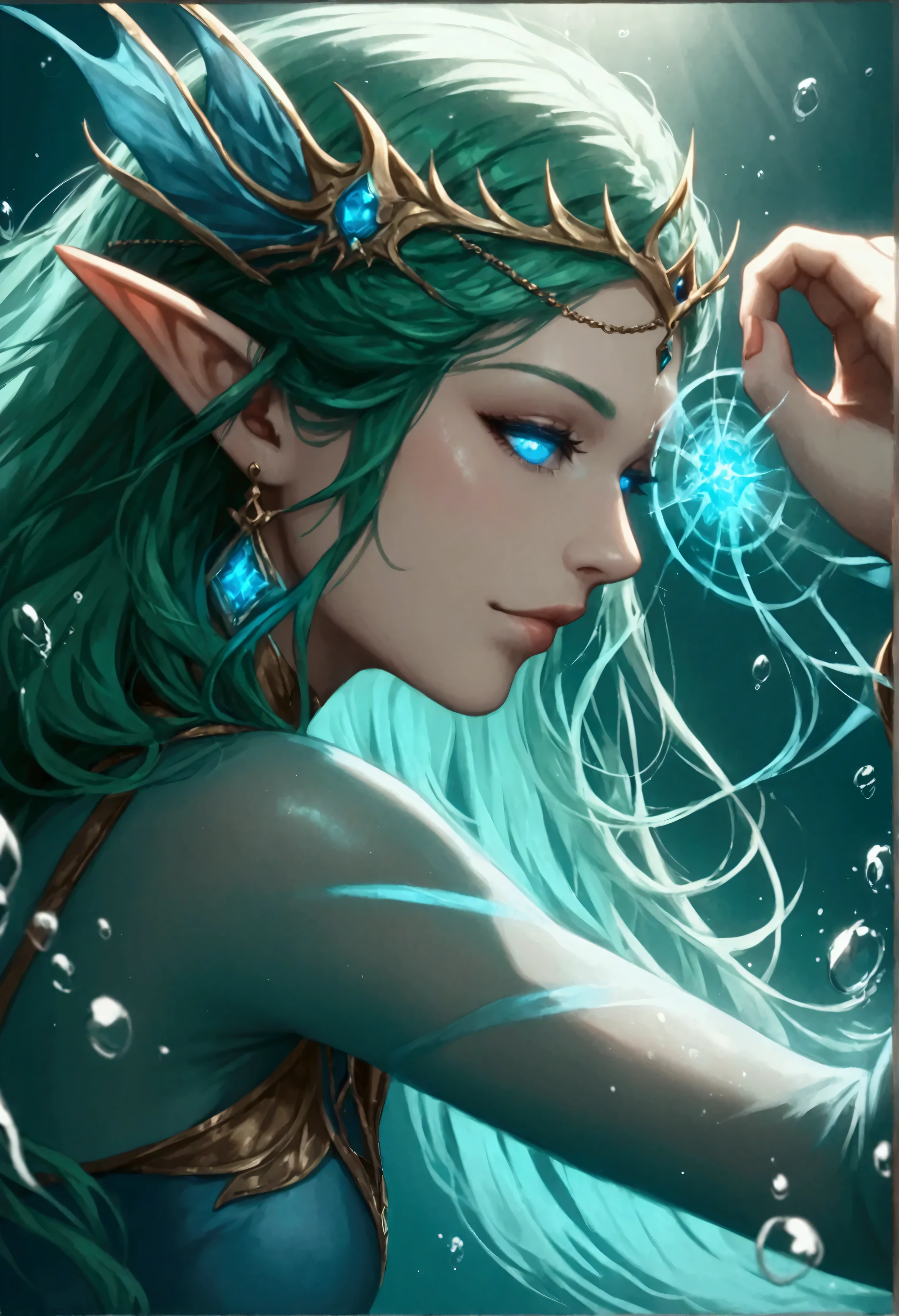 picture of a sea elf (intricate details, Masterpiece, best quality: 1.5) water mage casting ((water control spell)), water wizard ((water magic, intense magic details)), ((controlling a swirling mass of water)), magical symbols, female sea elf, blue skin, green hair, long hair, swirling hair, intense eyes, small pointed ears, ((blue eyes)), ((glowing eyes)), armed with magical wand, wearing sea shell clothing, beautiful elf, underwater background, rich underwater life, ((magical atmosphere)), fish and sea weeds, high details, best quality, 16k, [ultra detailed], masterpiece, best quality, (extremely detailed), dynamic angle, ultra wide shot, RAW, photorealistic, fantasy art, dnd art, rpg art, realistic art, an ultra wide  high details, best quality, highres, fflix_ufantasy