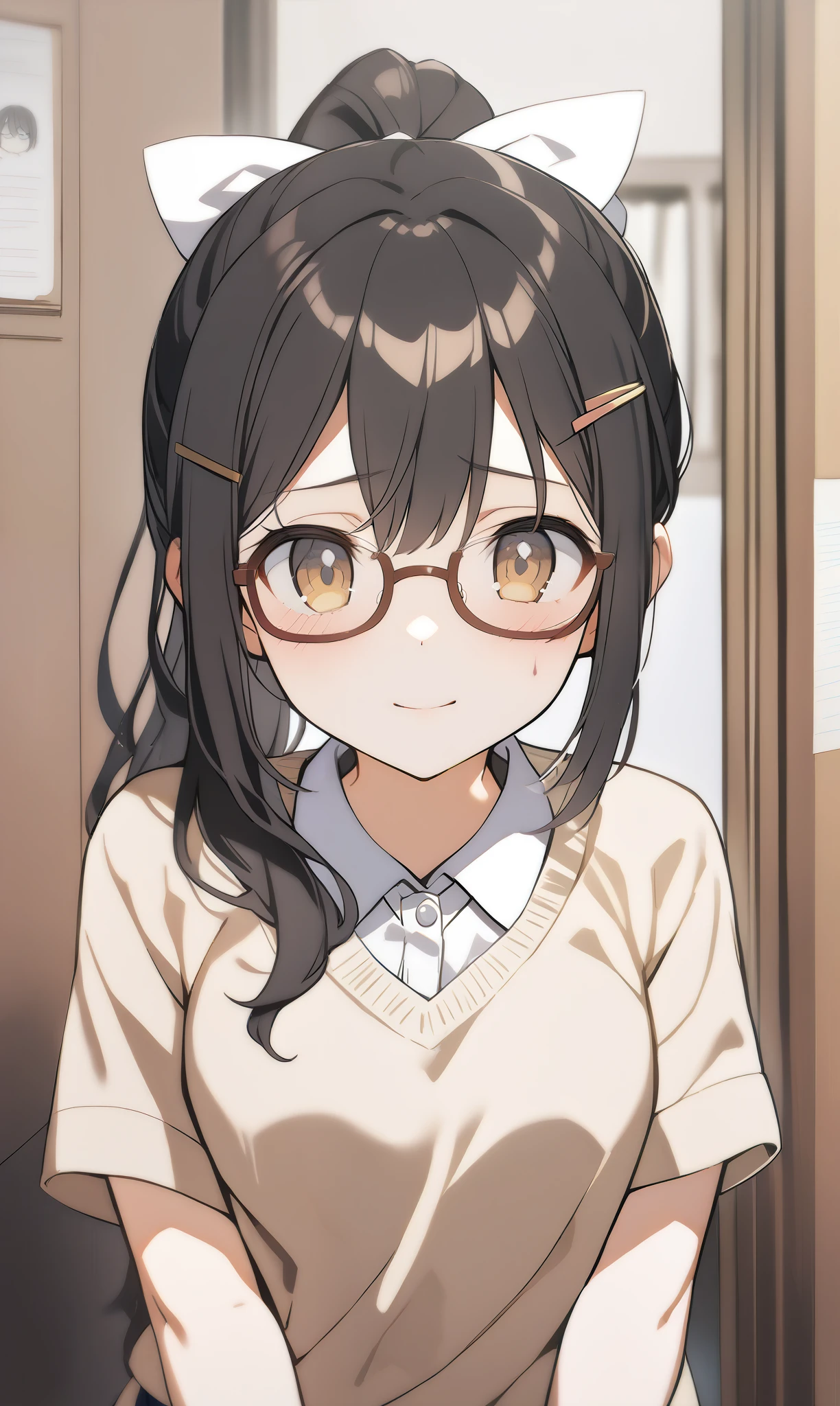 1 girl, bronze-black hair, 1 ponytail, white ribbon, pony, glasses, gloomy face, looks depressed, slightly damp face, wound being treated, yellow-black eyes, school closing, school skirt , 1 pink bracelet, hairpin on the left, thin body, class background, detailed scenery, slightly smiling,