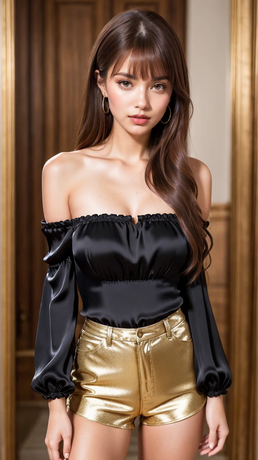 8k, best quality, masterpiece, highly detailed, semi-realistic, a girl, 20 years old, looking at hands, long dark brown hair with bangs, curly hair, detailed eyes, (Off-Shoulder Silk Blouse and High-Waisted Shorts: A delicate off-shoulder silk blouse with a loose fit, paired with sleek, high-waisted shorts that accentuate her figure. The silk fabric glistens, offering a blend of effortless style and allure).., bare shoulders, details, thin figure