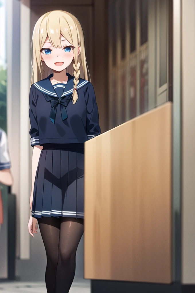 best quality, (masterpiece:1.2), detailed,
1girl, solo, smile, open mouth, light blush,
blonde hair, blue eyes, long hair, single braid,
serafuku, sailor collar, dark blue skirt, fishnet stockings,
standing, looking at the viewer,
outdoors