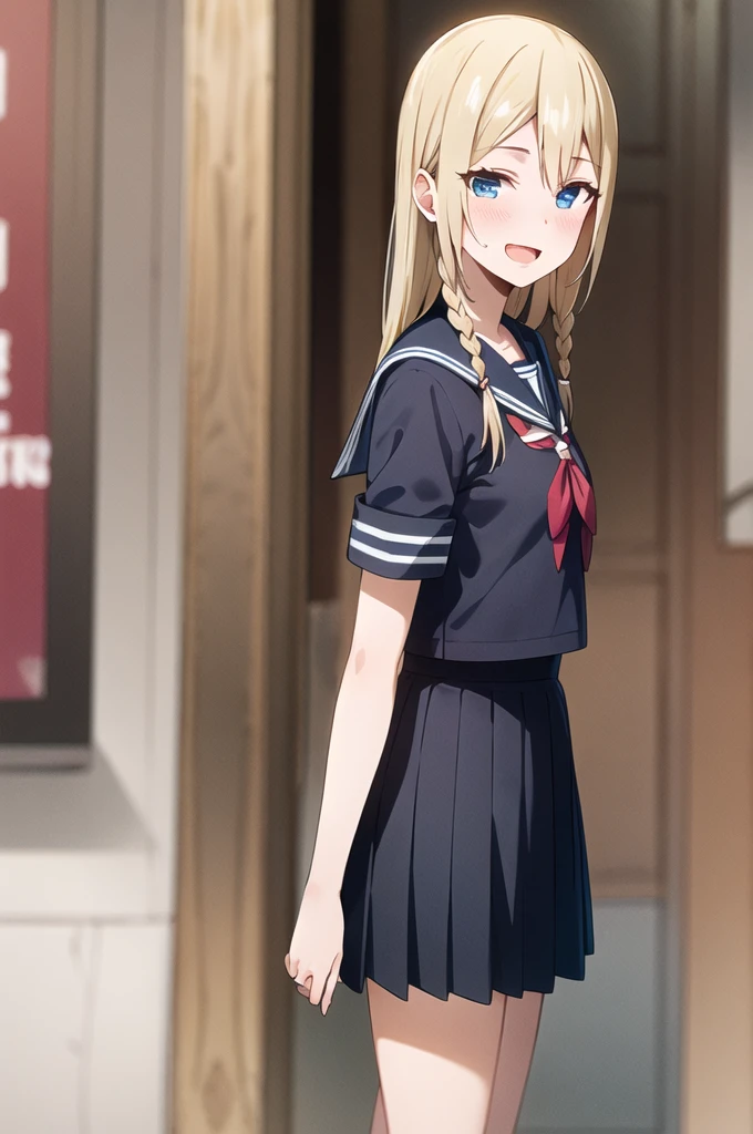 best quality, (masterpiece:1.2), detailed,
1girl, solo, smile, open mouth, light blush,
blonde hair, blue eyes, long hair, single braid,
serafuku, sailor collar, dark blue skirt, fishnet stockings,
standing, looking at the viewer,
outdoors