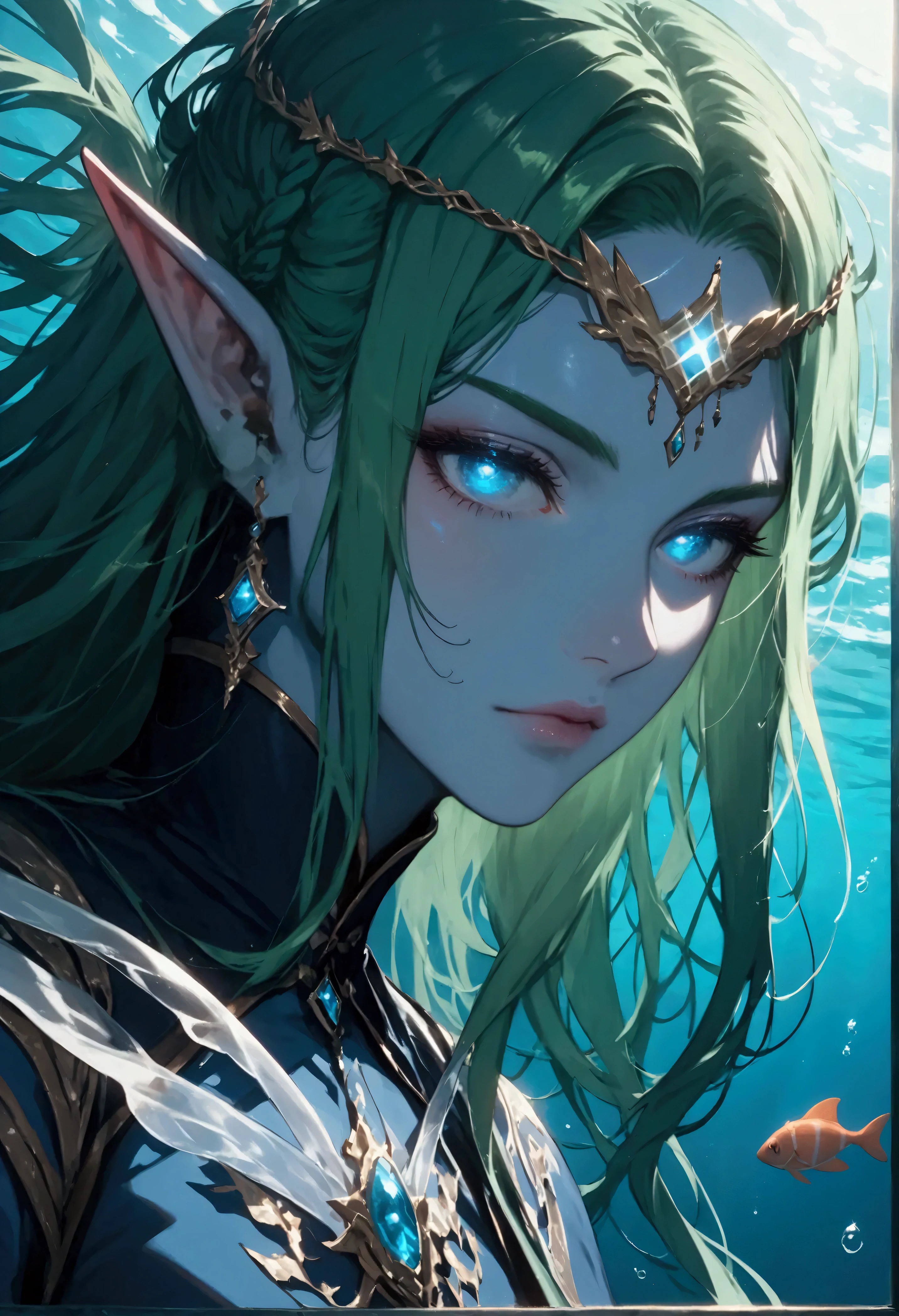 picture of a sea elf (intricate details, Masterpiece, best quality: 1.5) water mage casting ((water control spell)), water wizard ((water magic, intense magic details)), ((controlling a swirling mass of water)), magical symbols, female sea elf, blue skin, green hair, long hair, swirling hair, intense eyes, small pointed ears, ((blue eyes)), ((glowing eyes)), armed with magical wand, wearing sea shell clothing, beautiful elf, underwater background, rich underwater life, ((magical atmosphere)), fish and sea weeds, high details, best quality, 16k, [ultra detailed], masterpiece, best quality, (extremely detailed), dynamic angle, ultra wide shot, RAW, photorealistic, fantasy art, dnd art, rpg art, realistic art, an ultra wide  high details, best quality, highres, fflix_ufantasy